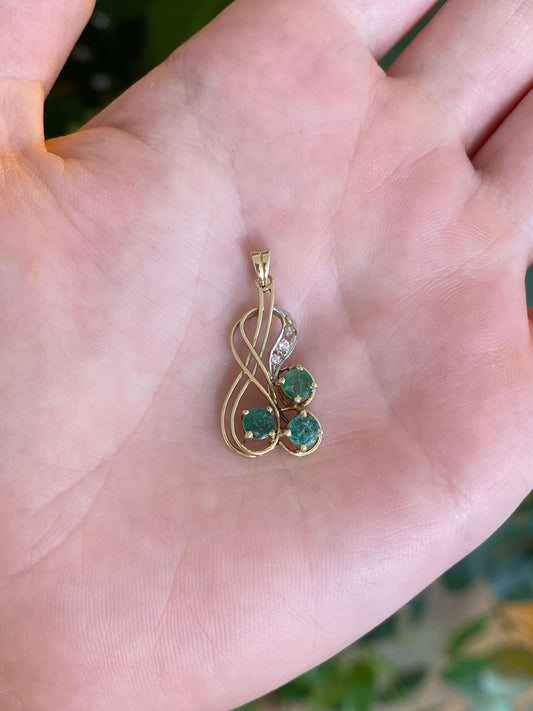 Vintage Solid 14k White & Yellow Gold Diamond Emeralds Charm