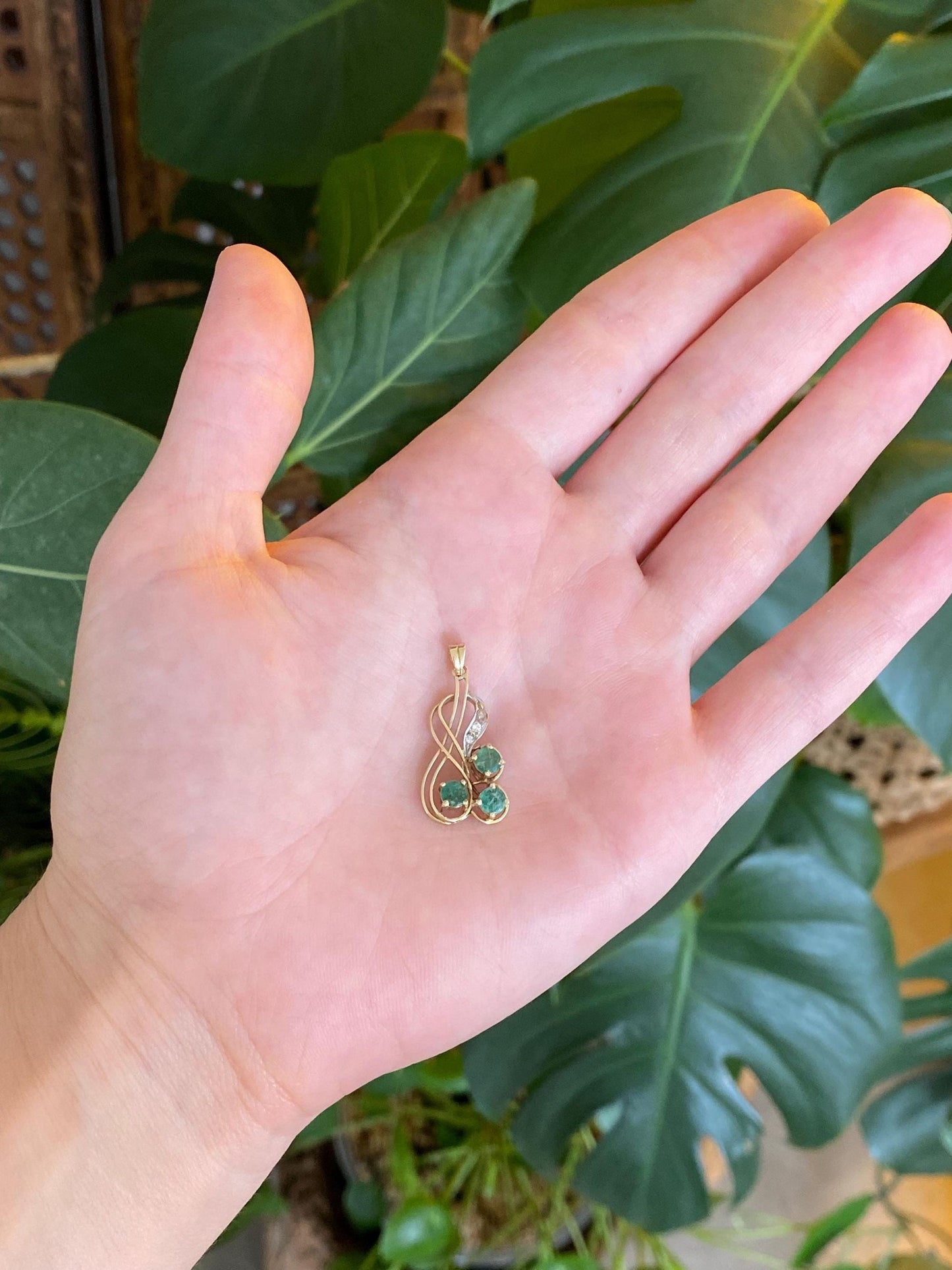 Vintage Solid 14k White & Yellow Gold Diamond Emeralds Charm