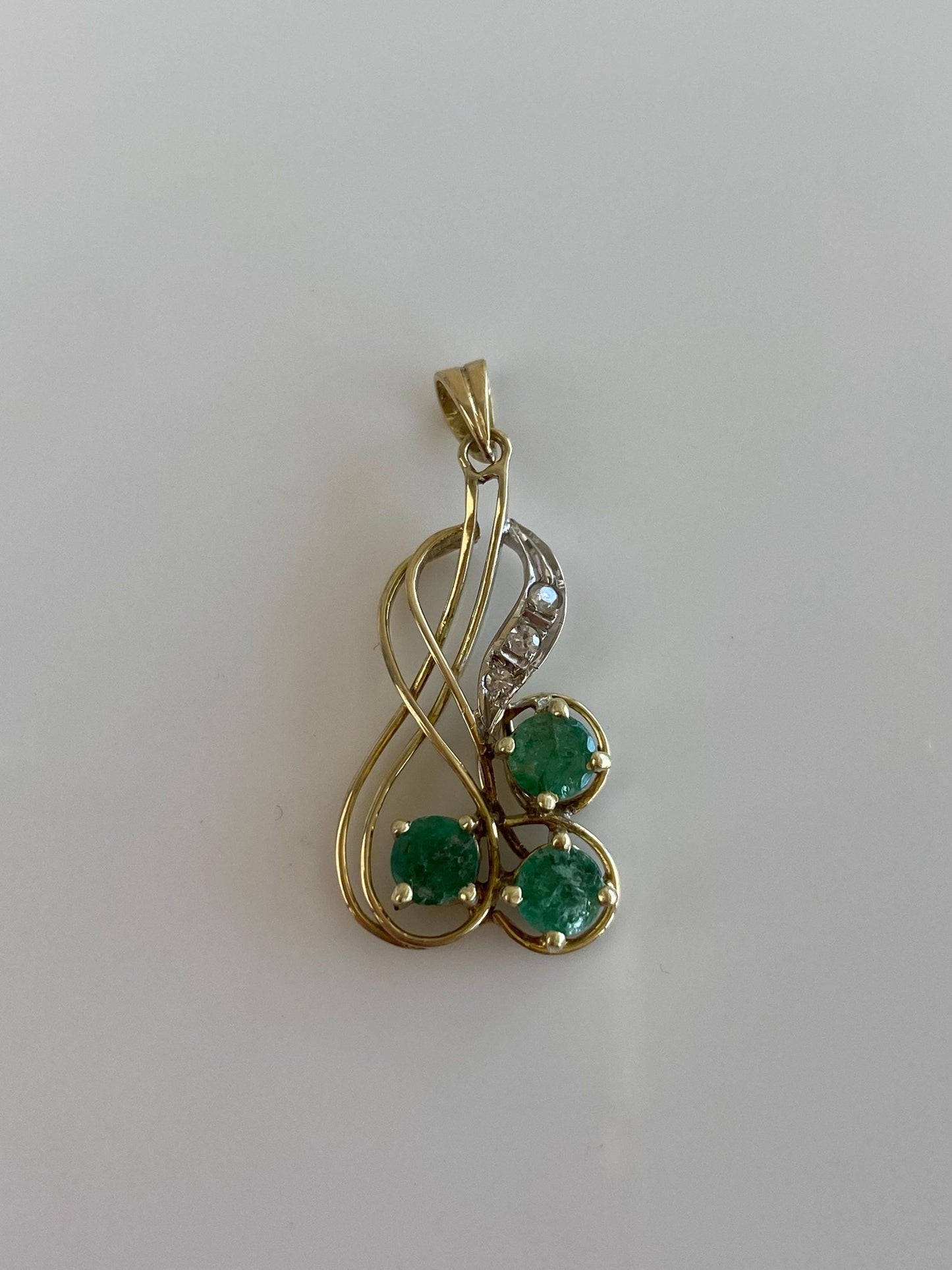 Vintage Solid 14k White & Yellow Gold Diamond Emeralds Charm