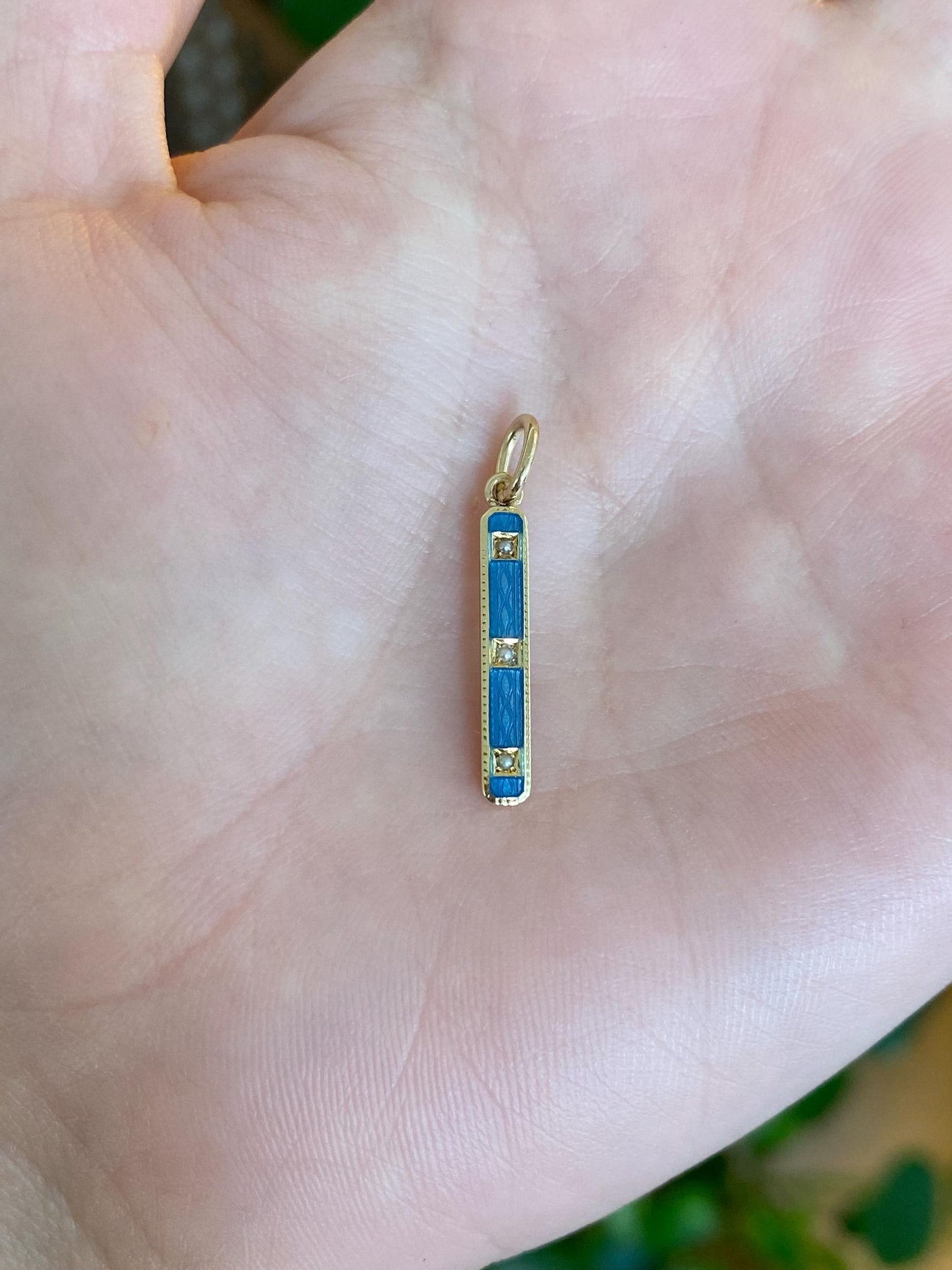 Vintage 14k Yellow Gold Blue Enamel Pearls Bar Charm