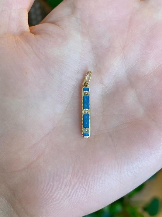 Vintage 14k Yellow Gold Blue Enamel Pearls Bar Charm