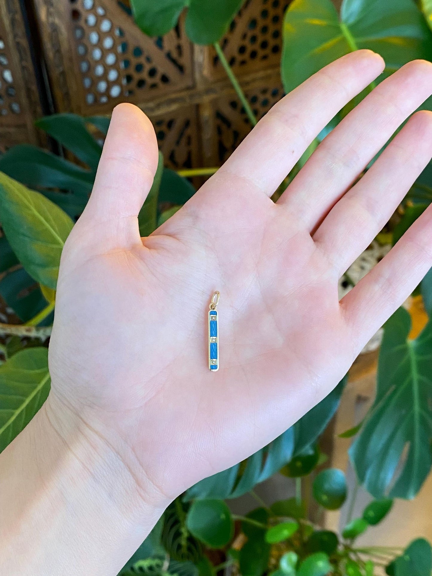 Vintage 14k Yellow Gold Blue Enamel Pearls Bar Charm