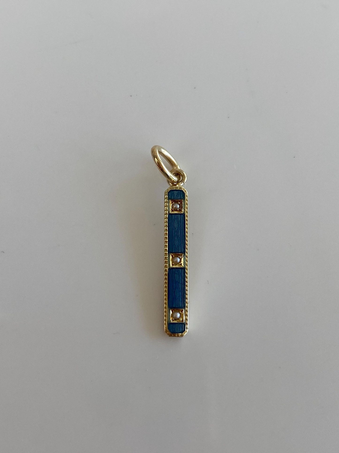 Vintage 14k Yellow Gold Blue Enamel Pearls Bar Charm