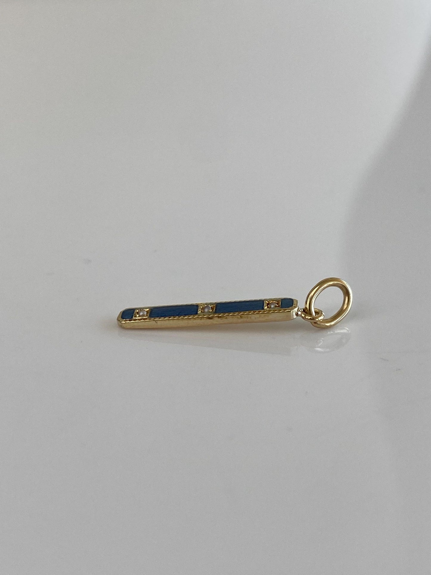Vintage 14k Yellow Gold Blue Enamel Pearls Bar Charm