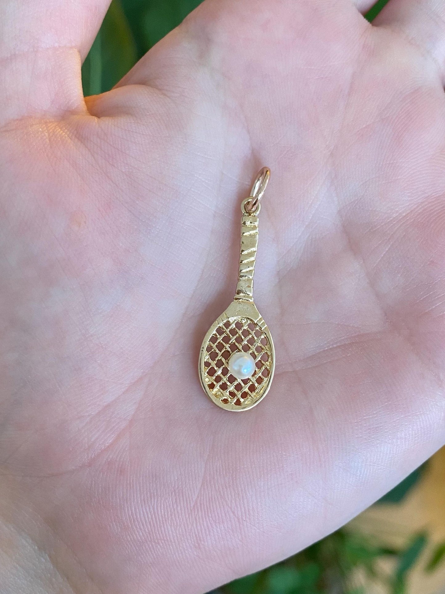 Vintage Solid 14k Yellow Gold Pearl Tennis Racket Charm