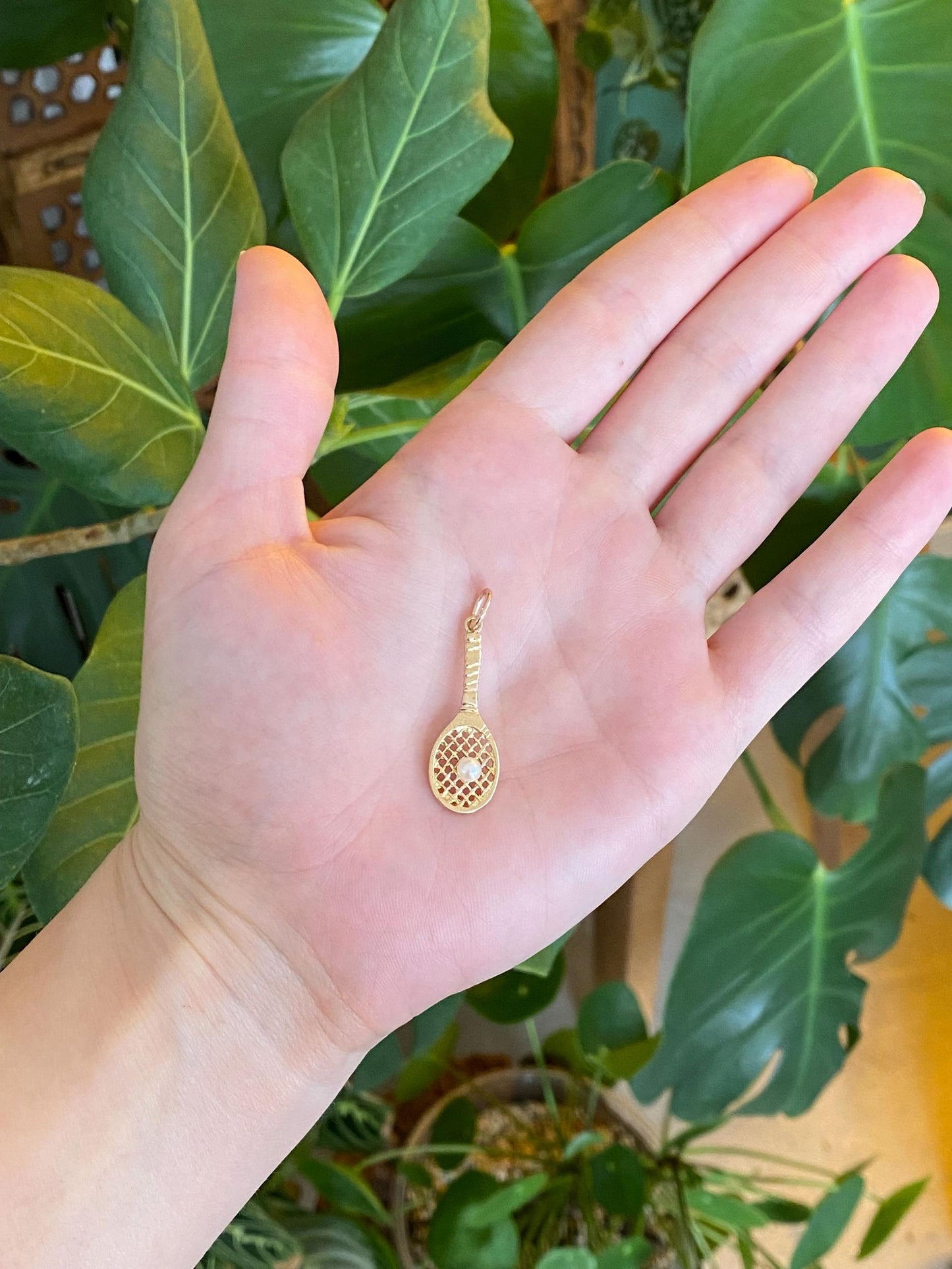 Vintage Solid 14k Yellow Gold Pearl Tennis Racket Charm