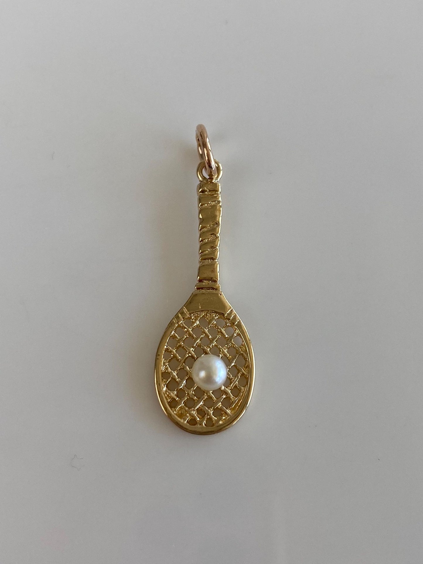 Vintage Solid 14k Yellow Gold Pearl Tennis Racket Charm