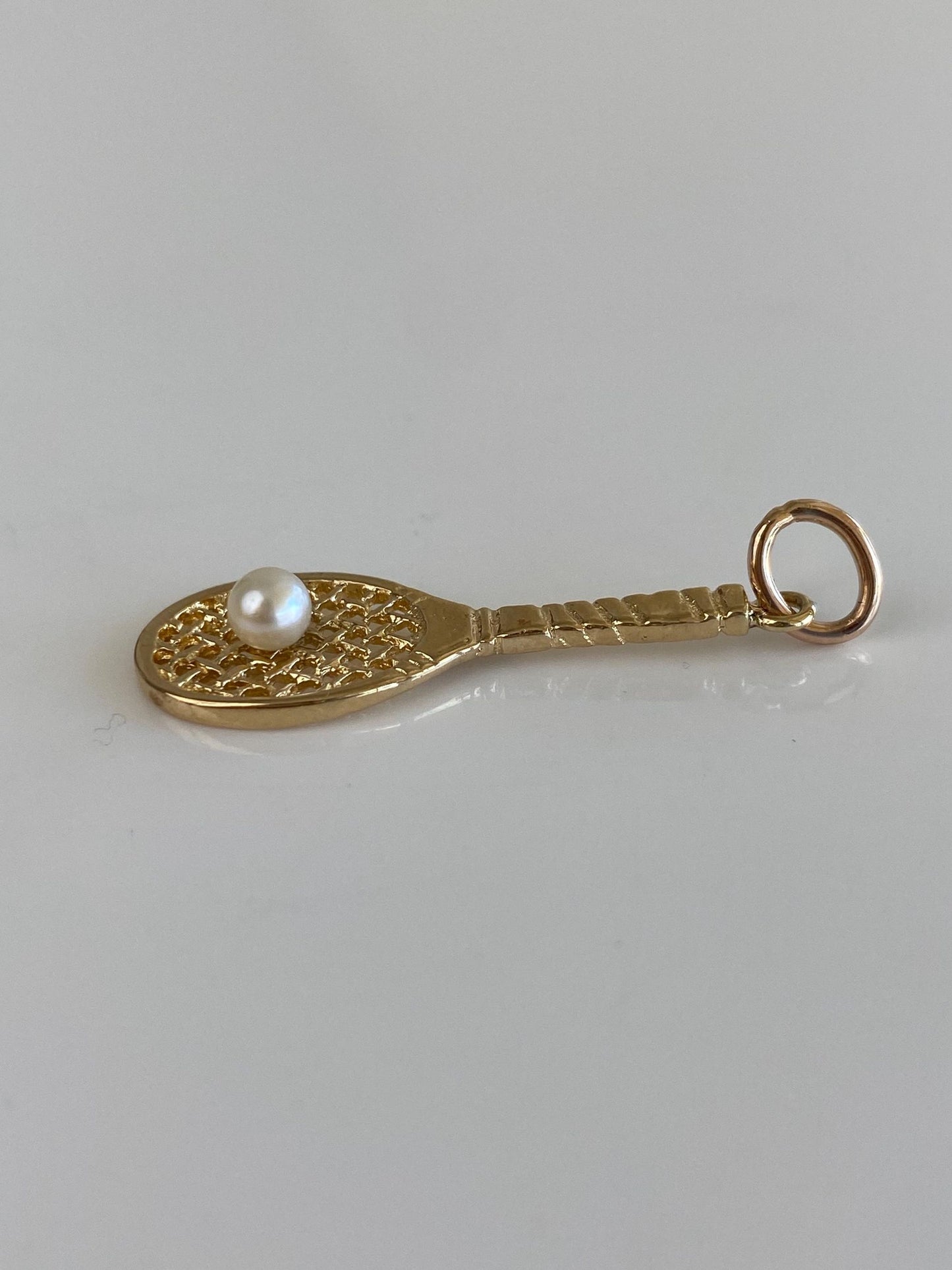 Vintage Solid 14k Yellow Gold Pearl Tennis Racket Charm