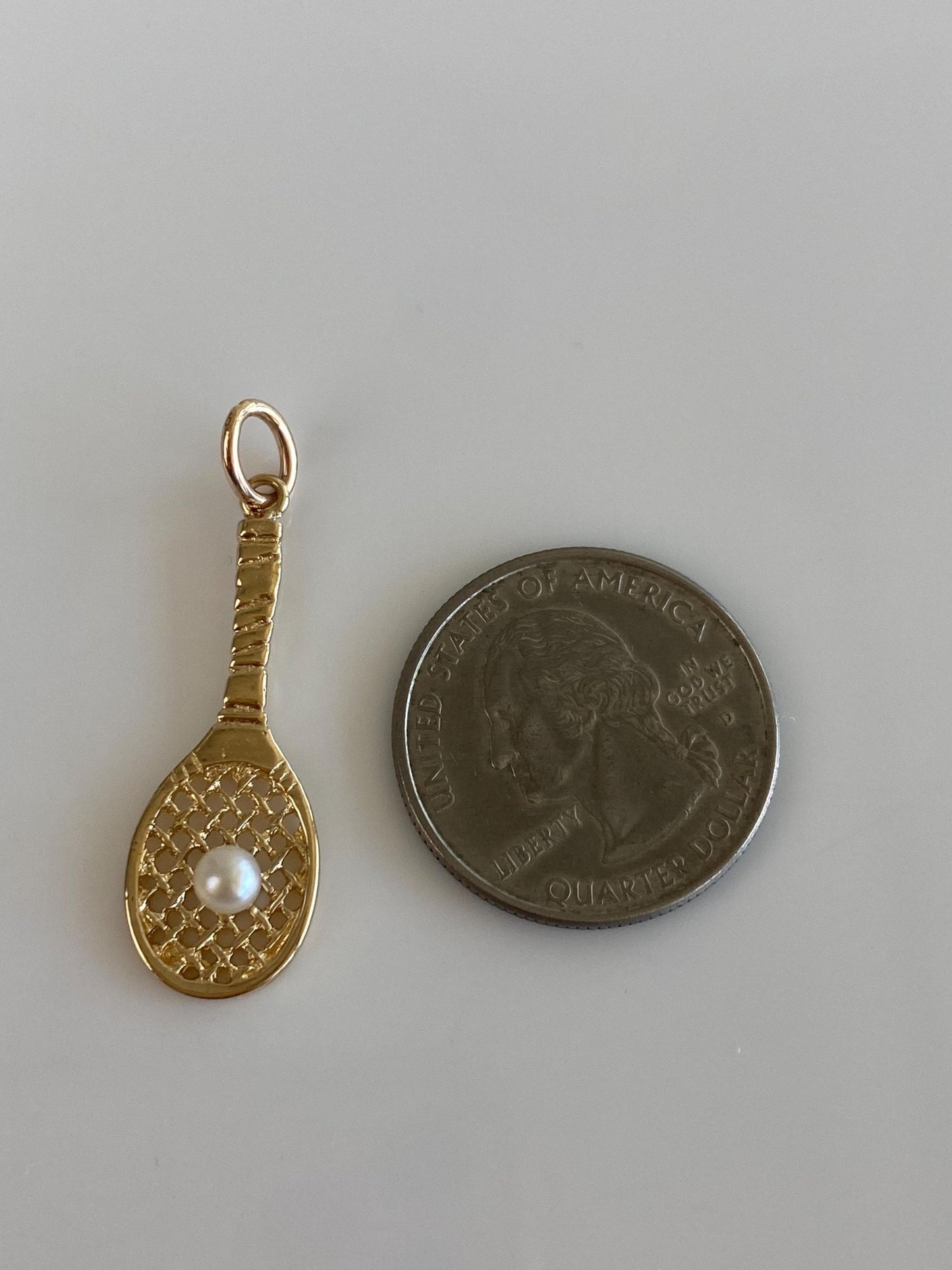 Vintage Solid 14k Yellow Gold Pearl Tennis Racket Charm