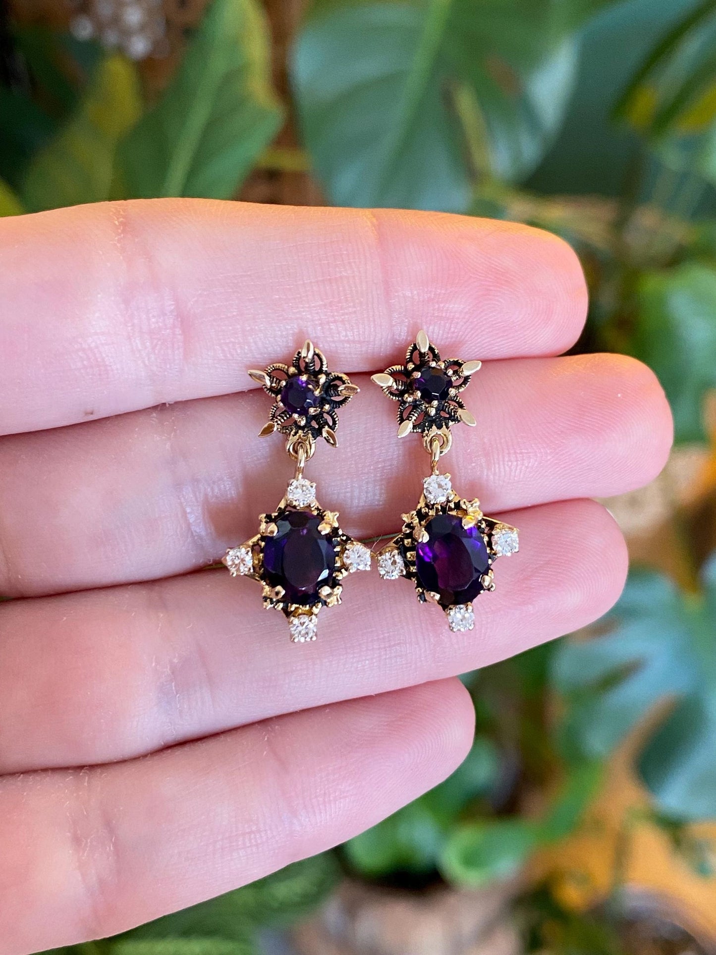 Vintage Solid 14k Yellow Gold Diamond Amethyst Ornate Dangle Stud Earrings