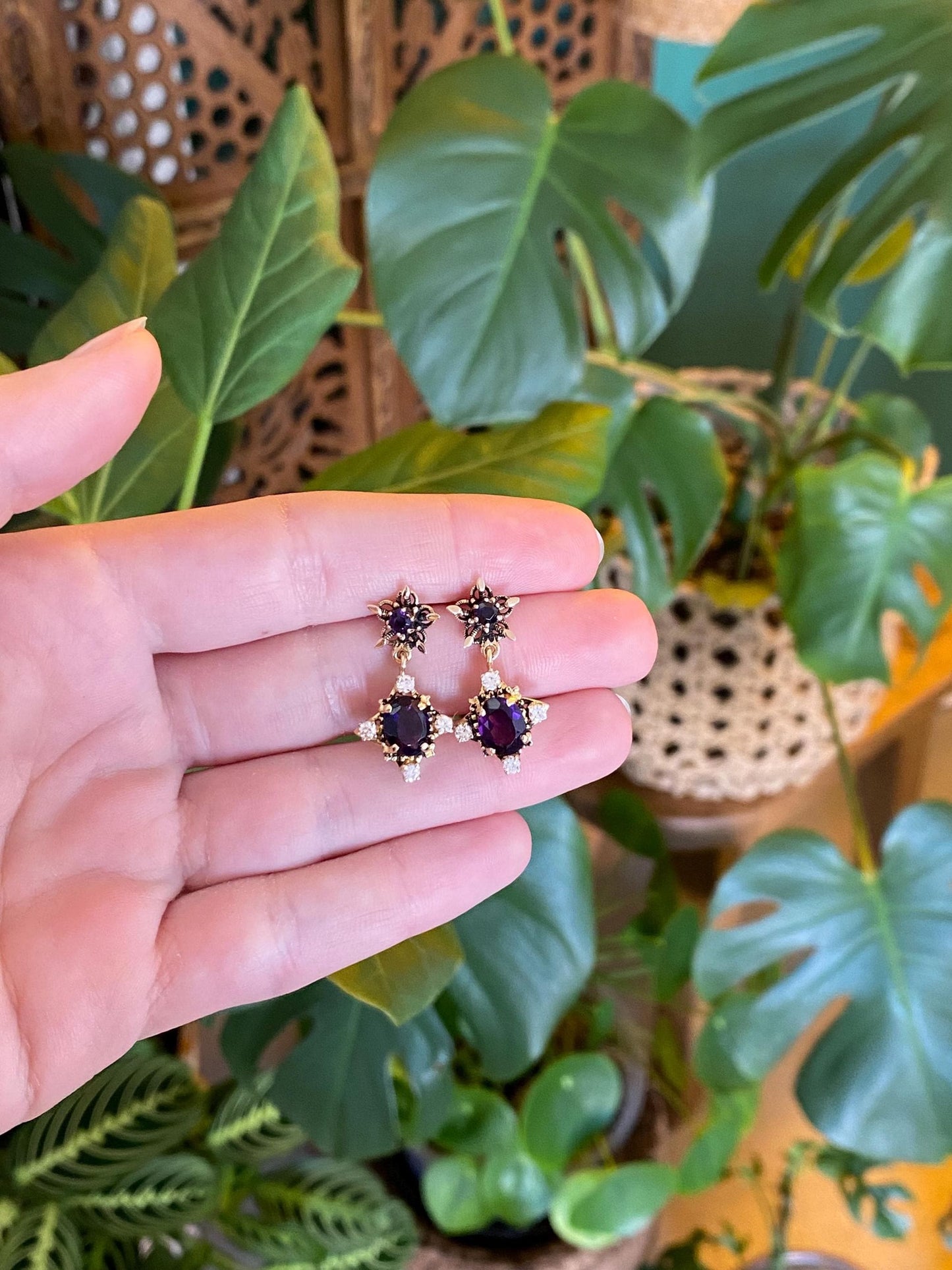 Vintage Solid 14k Yellow Gold Diamond Amethyst Ornate Dangle Stud Earrings