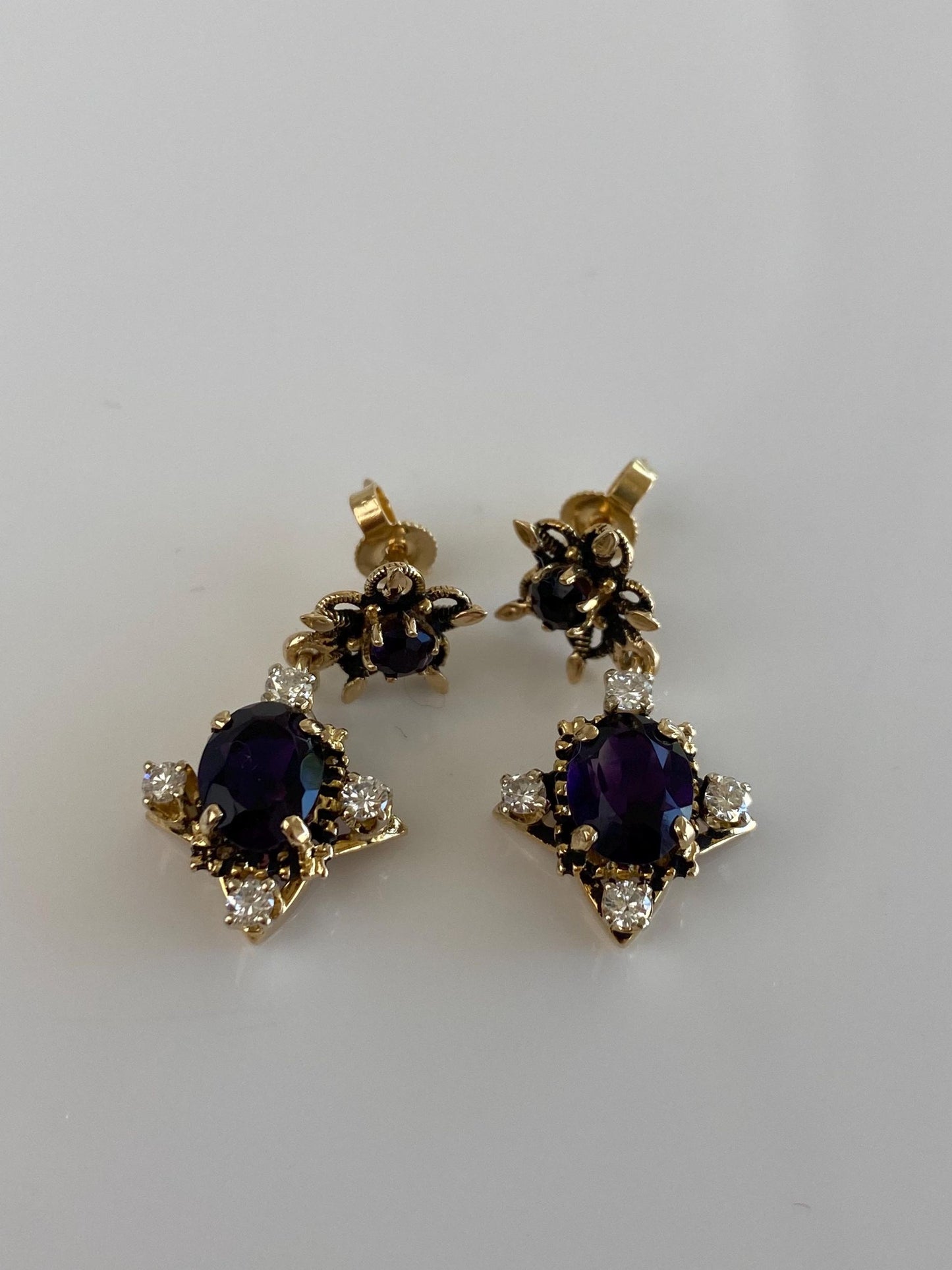 Vintage Solid 14k Yellow Gold Diamond Amethyst Ornate Dangle Stud Earrings