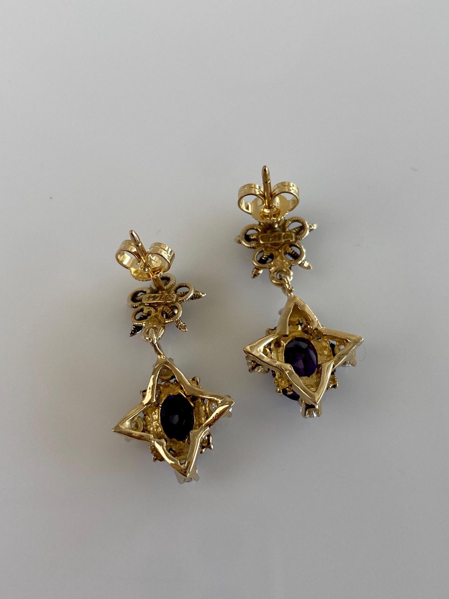Vintage Solid 14k Yellow Gold Diamond Amethyst Ornate Dangle Stud Earrings