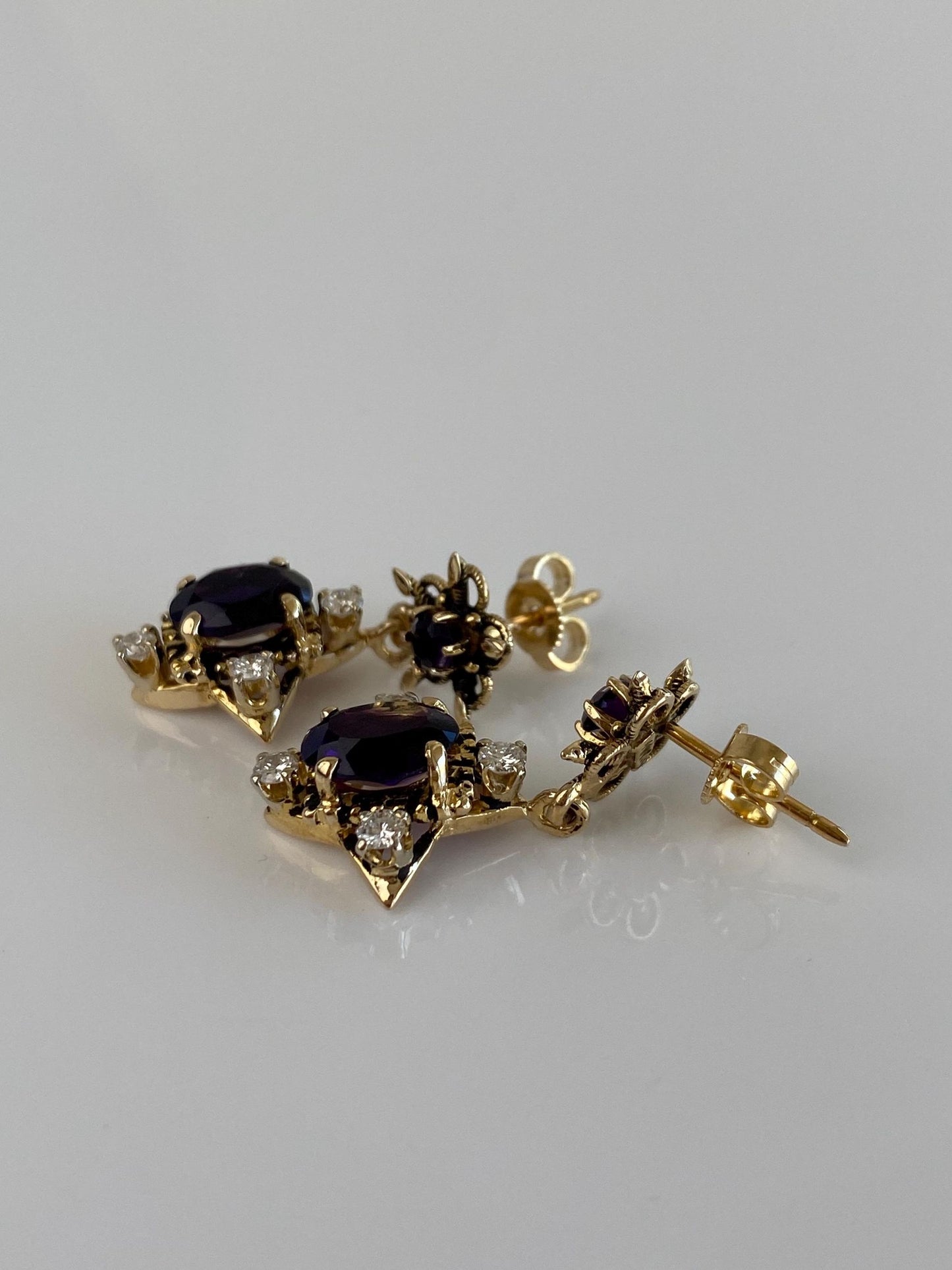 Vintage Solid 14k Yellow Gold Diamond Amethyst Ornate Dangle Stud Earrings