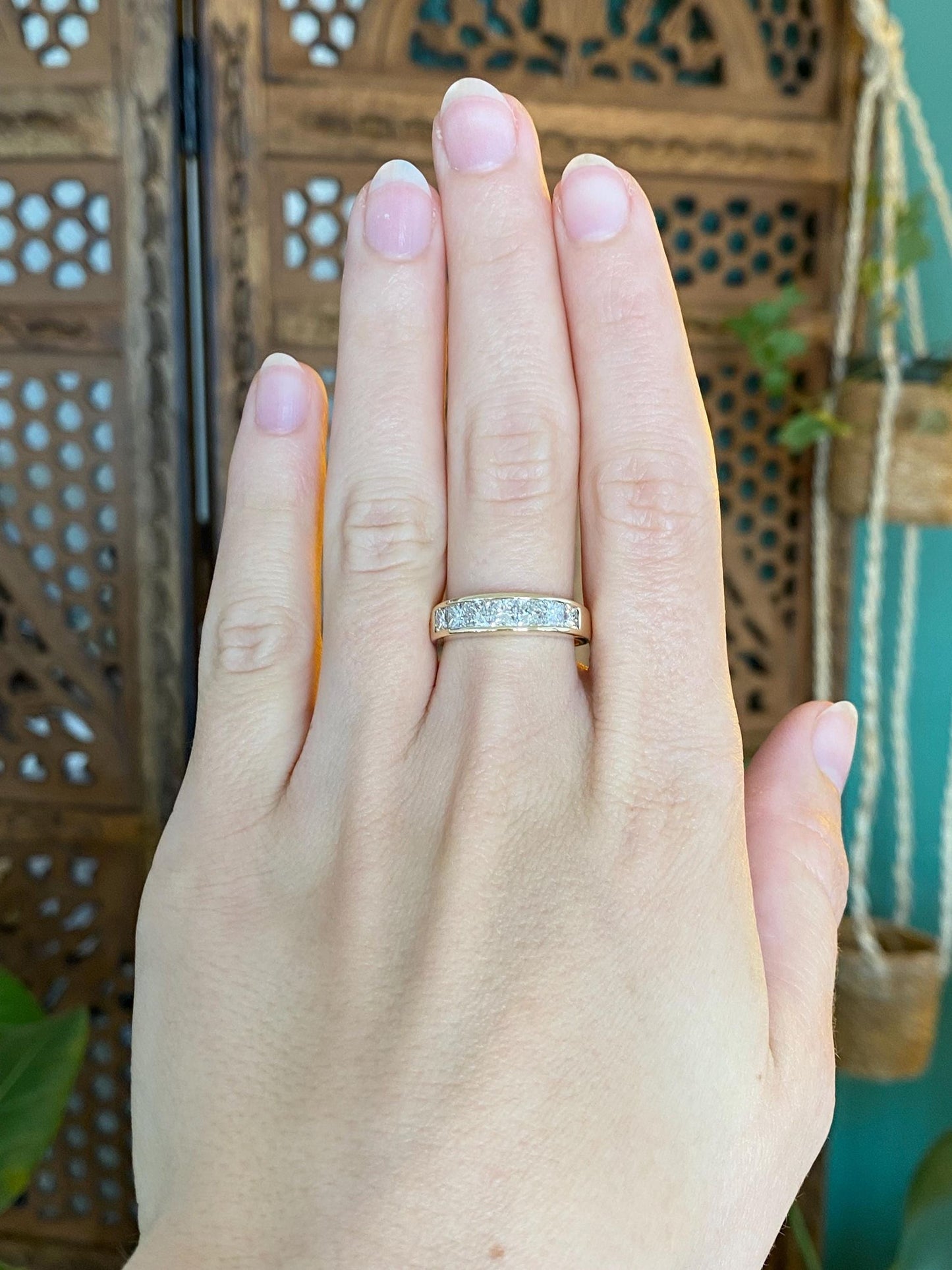 Vintage Solid 14k Yellow Gold Princess Cut Diamond Ring Band - Size 7.5