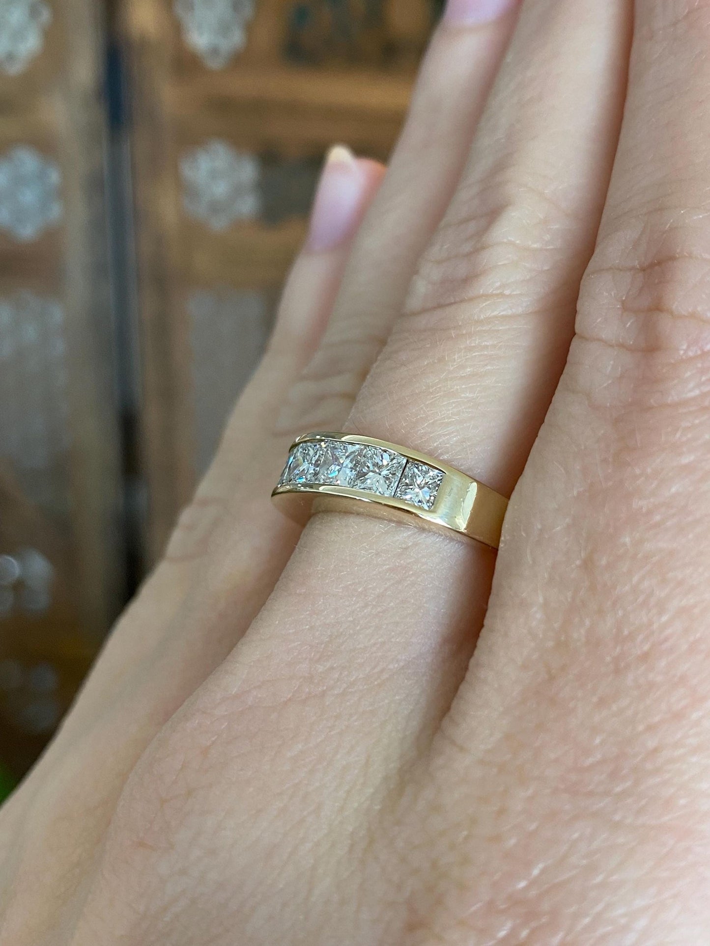 Vintage Solid 14k Yellow Gold Princess Cut Diamond Ring Band - Size 7.5