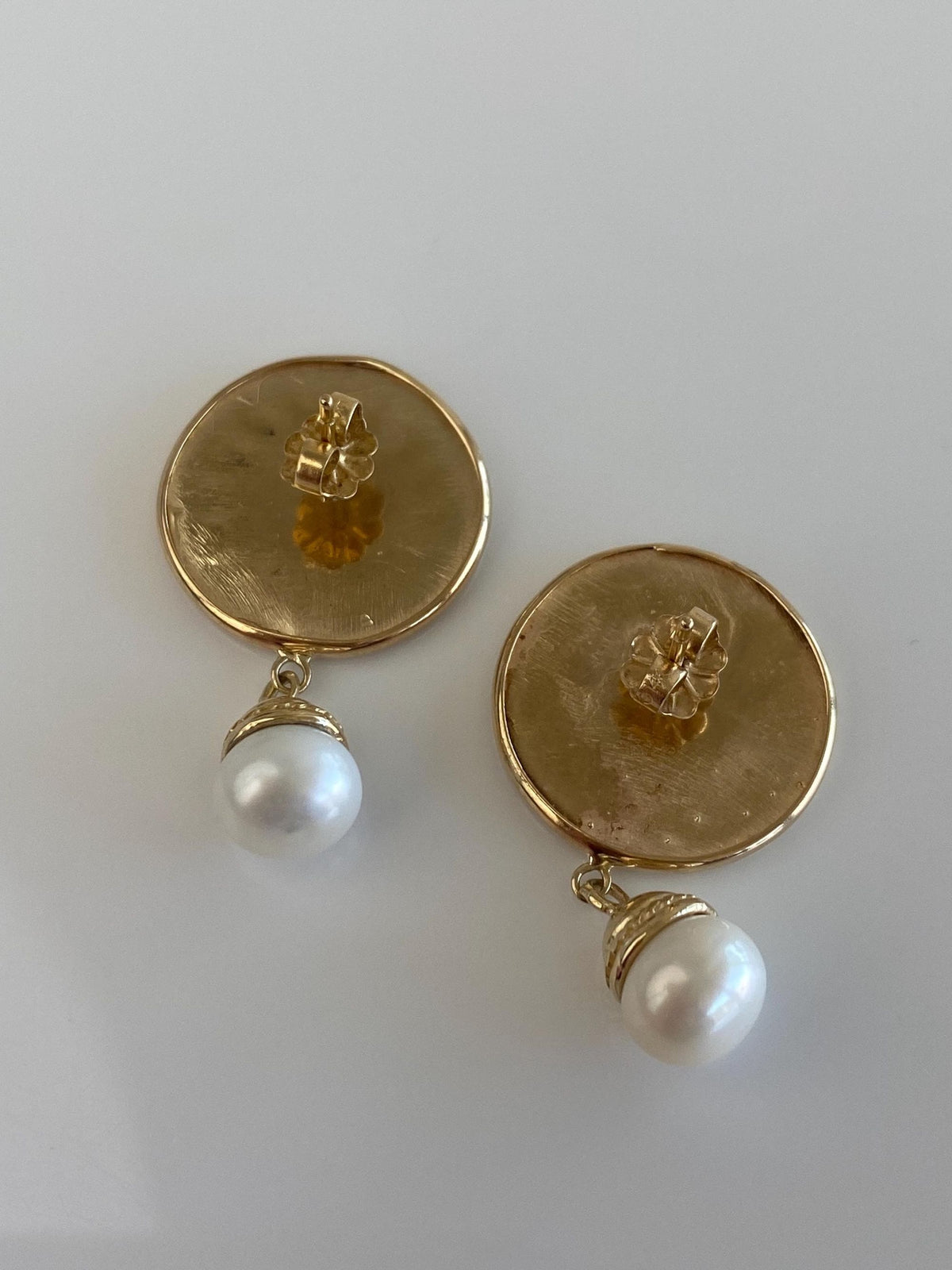 Vintage Solid 14k Yellow Gold Pearl Dangle Sun Face Drop Earrings