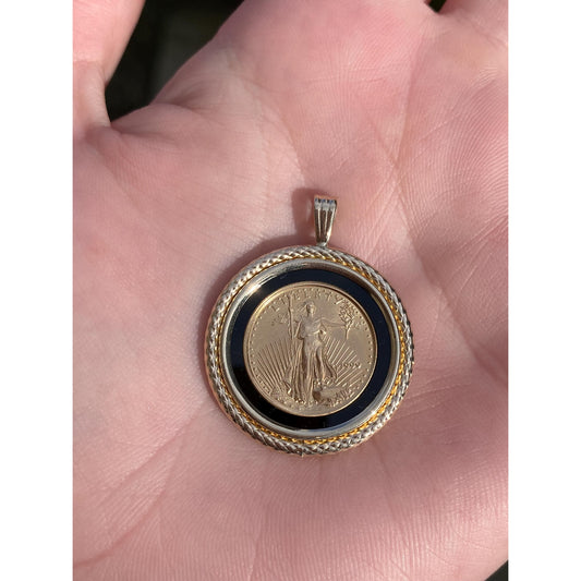 Vintage Solid 24k & 14k Yellow Gold Onyx Coin Charm