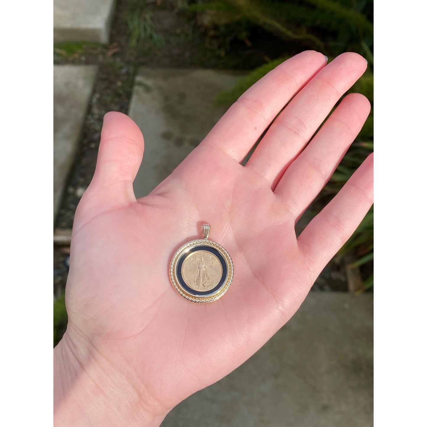 Vintage Solid 24k & 14k Yellow Gold Onyx Coin Charm