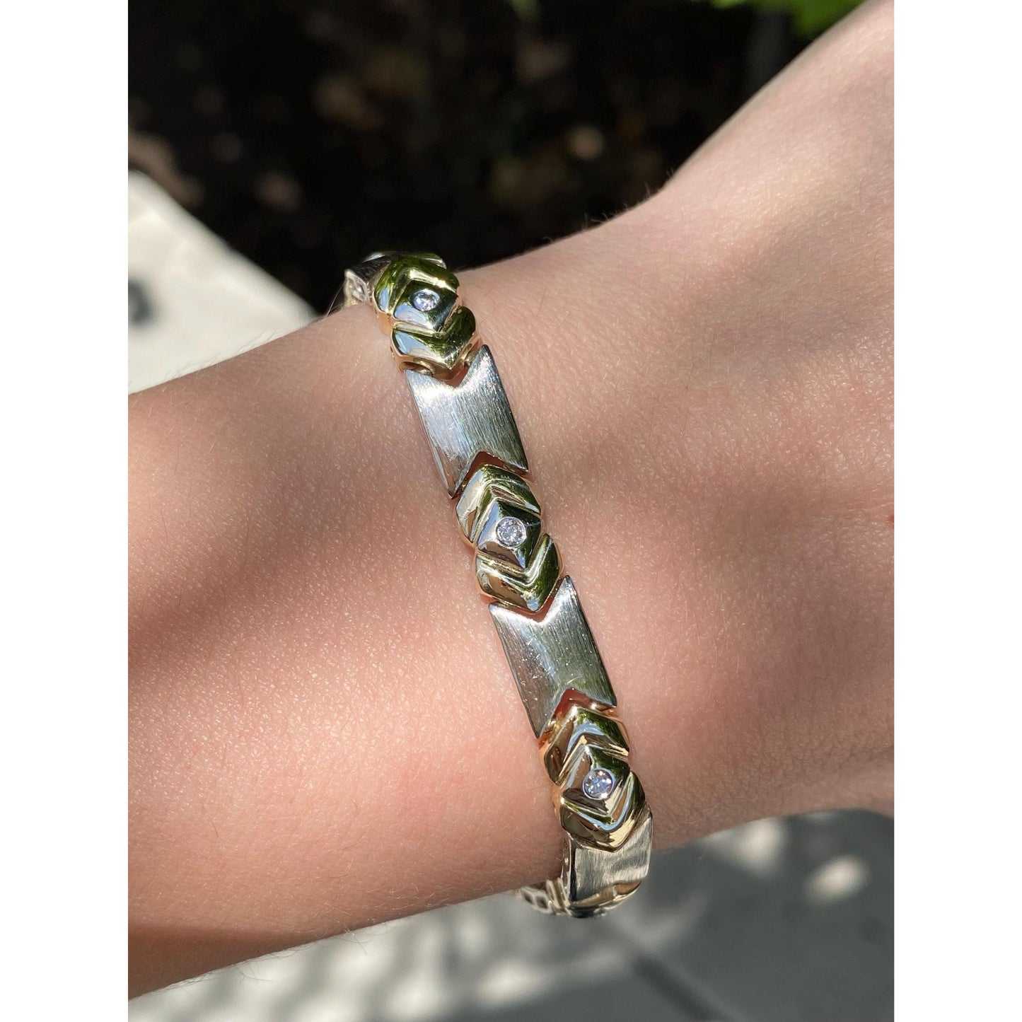 Solid 14k White & Yellow Gold Diamond Link Bracelet - 7.25 inches