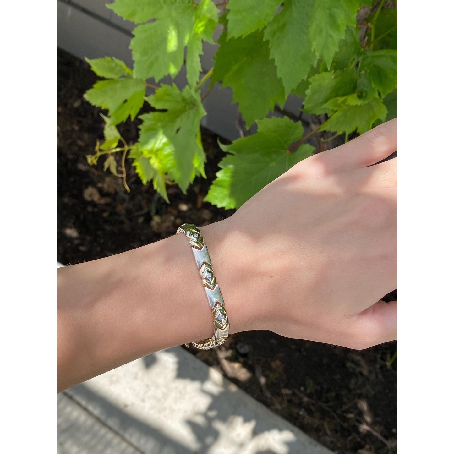 Solid 14k White & Yellow Gold Diamond Link Bracelet - 7.25 inches