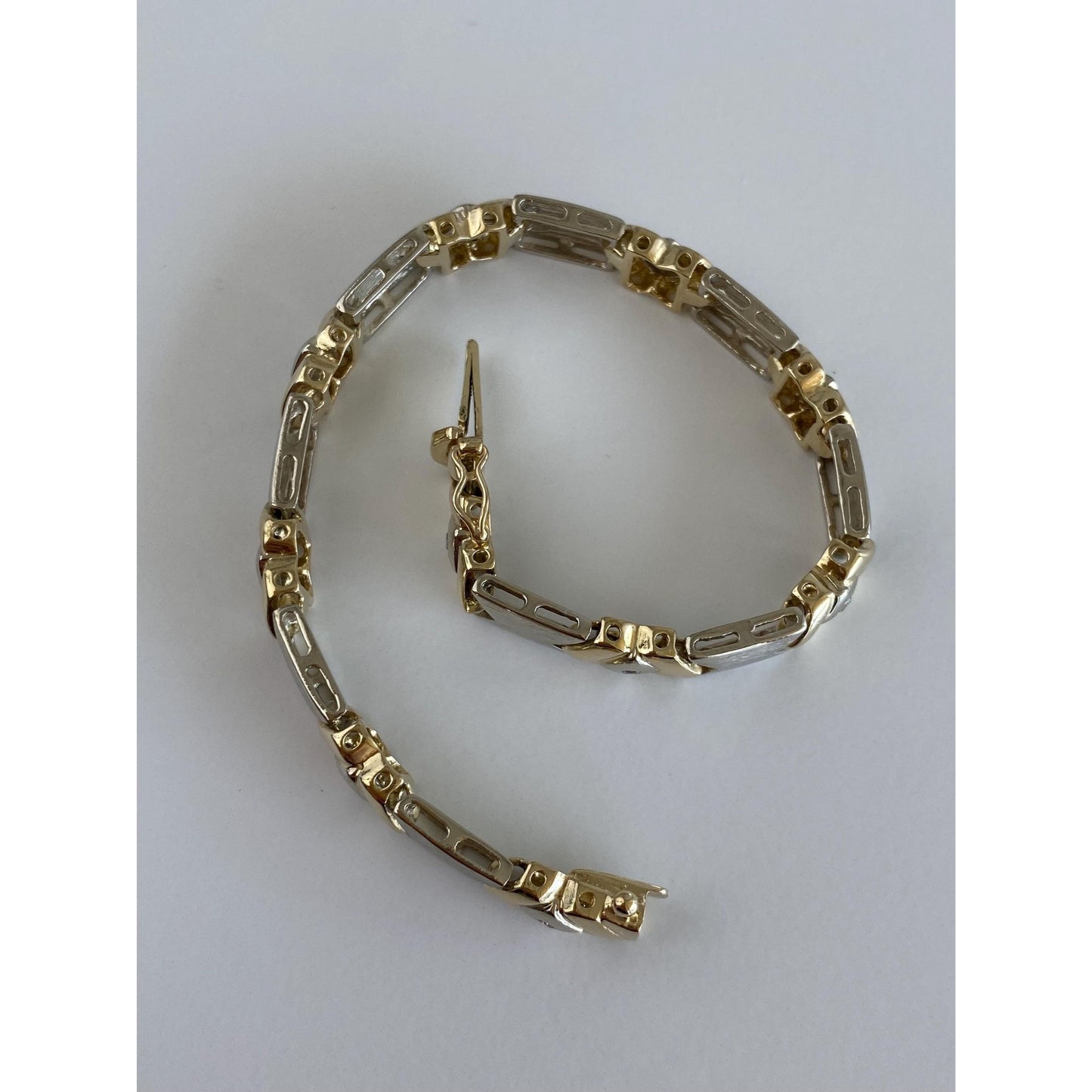 Solid 14k White & Yellow Gold Diamond Link Bracelet - 7.25 inches
