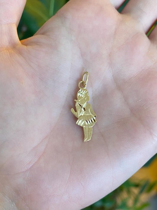 Vintage Solid 14k Yellow Gold Diamond Cut Girl Charm