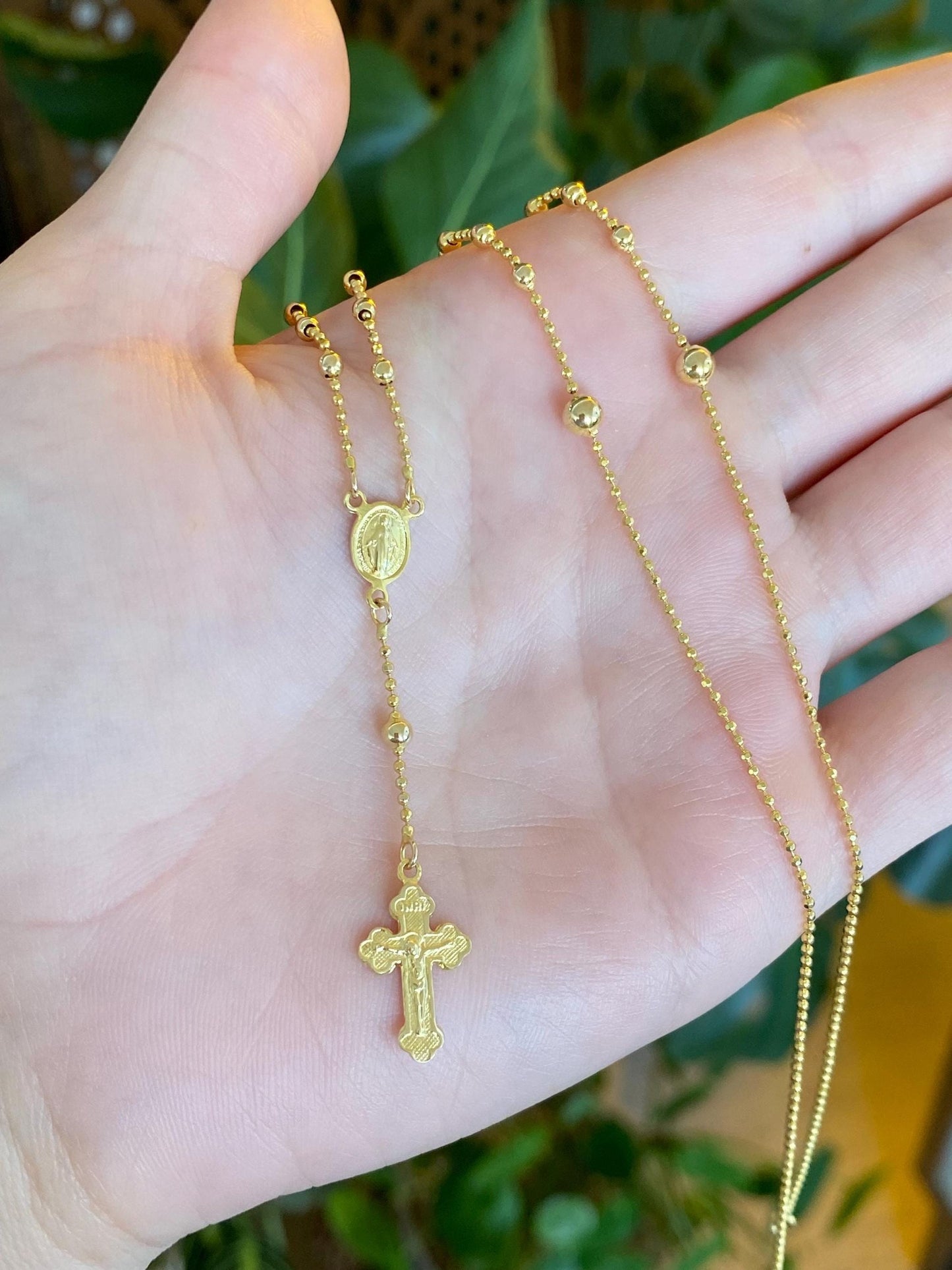 Vintage Solid 14k Yellow Gold Faceted Bead Rosary Cross Bead Chain Lariat Necklace - 18 inches