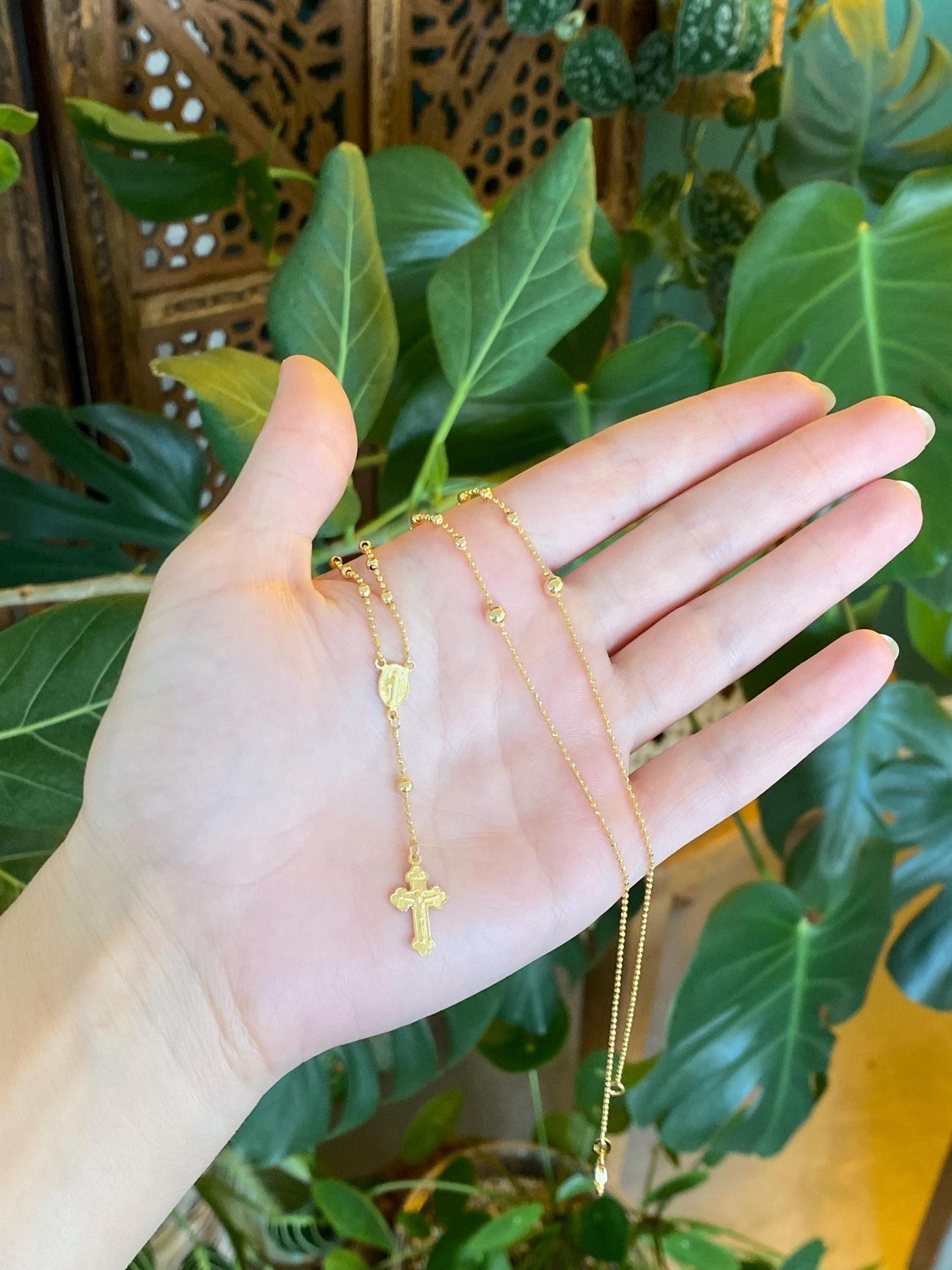 Vintage Solid 14k Yellow Gold Faceted Bead Rosary Cross Bead Chain Lariat Necklace - 18 inches