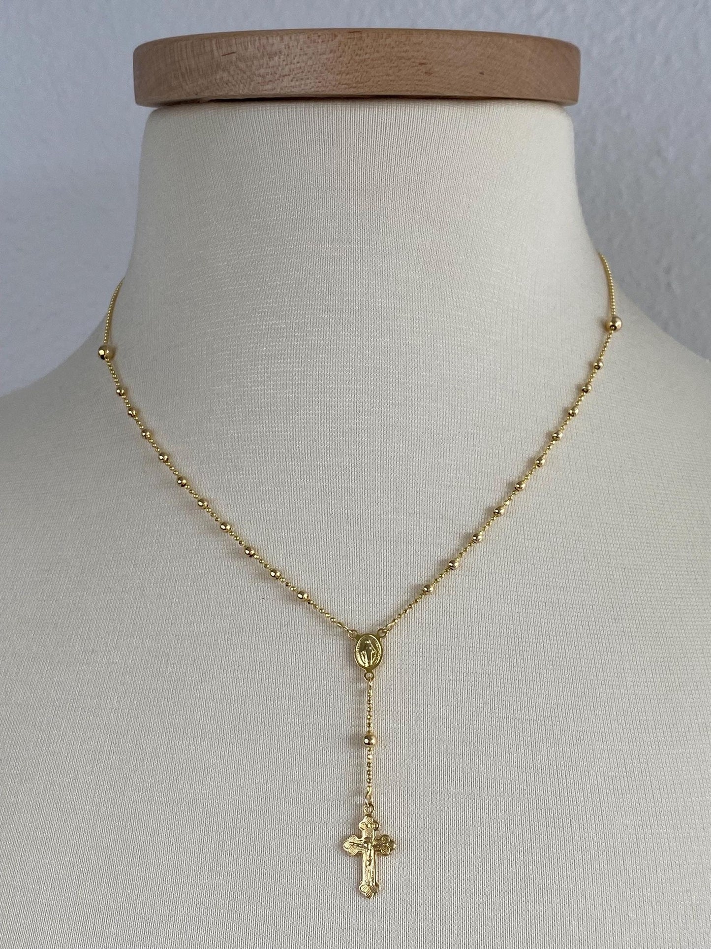 Vintage Solid 14k Yellow Gold Faceted Bead Rosary Cross Bead Chain Lariat Necklace - 18 inches