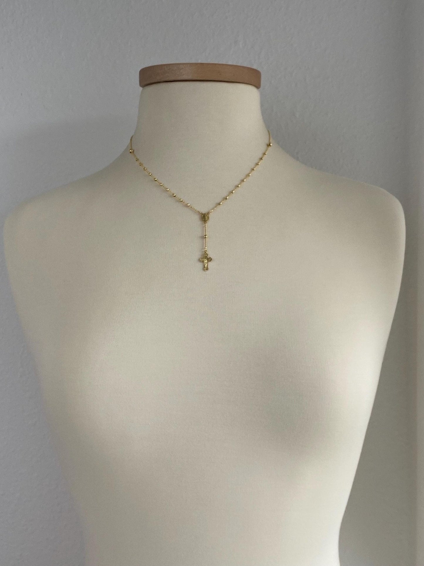 Vintage Solid 14k Yellow Gold Faceted Bead Rosary Cross Bead Chain Lariat Necklace - 18 inches