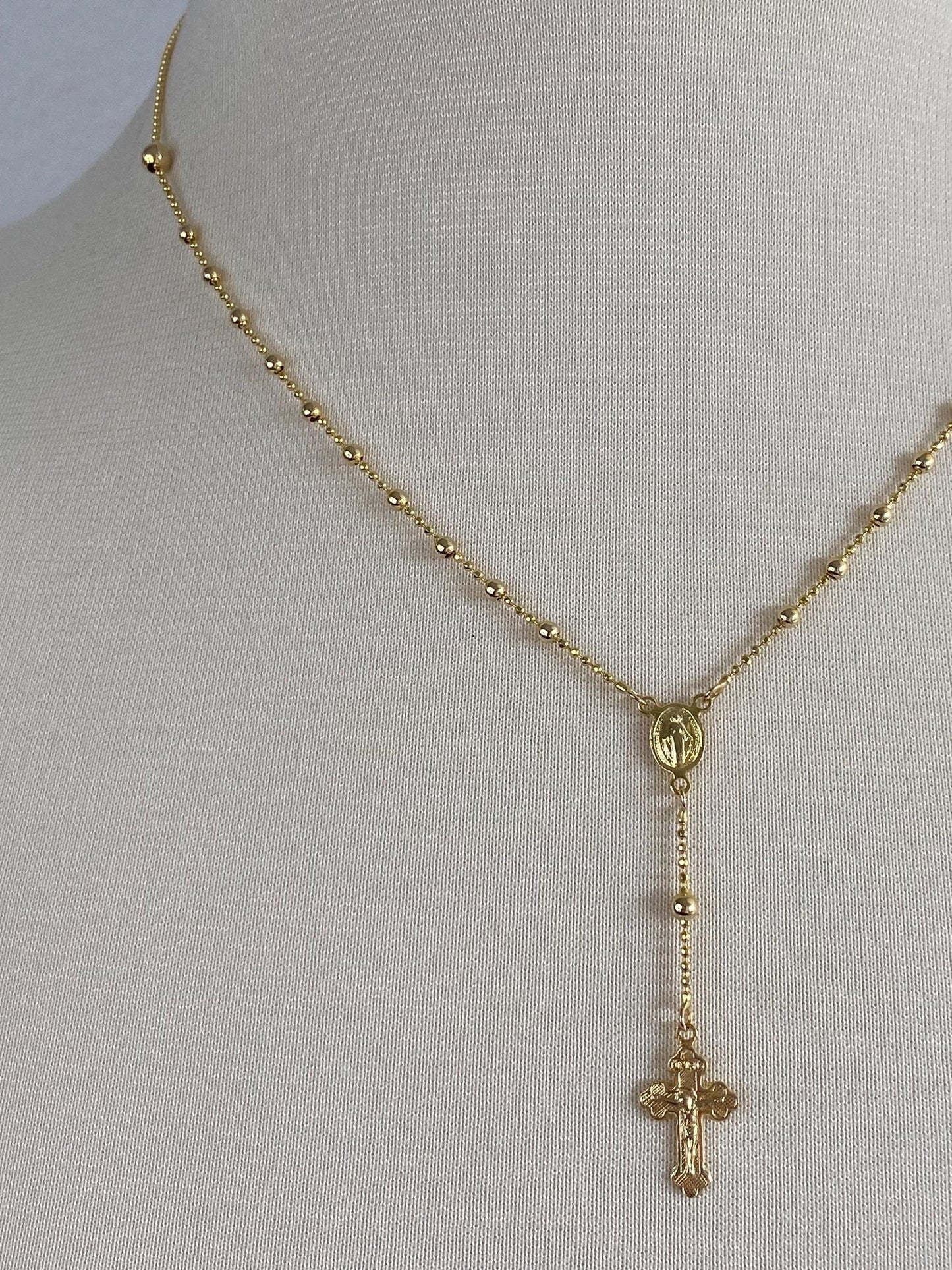 Vintage Solid 14k Yellow Gold Faceted Bead Rosary Cross Bead Chain Lariat Necklace - 18 inches