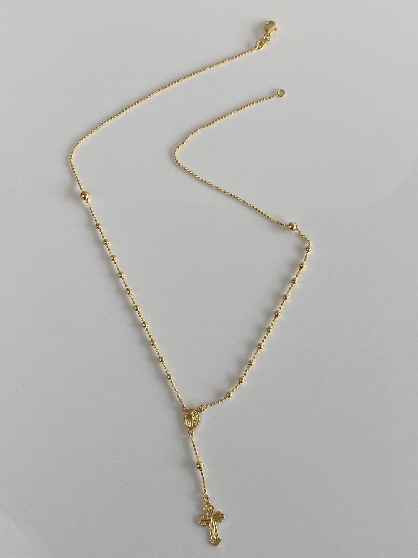 Vintage Solid 14k Yellow Gold Faceted Bead Rosary Cross Bead Chain Lariat Necklace - 18 inches