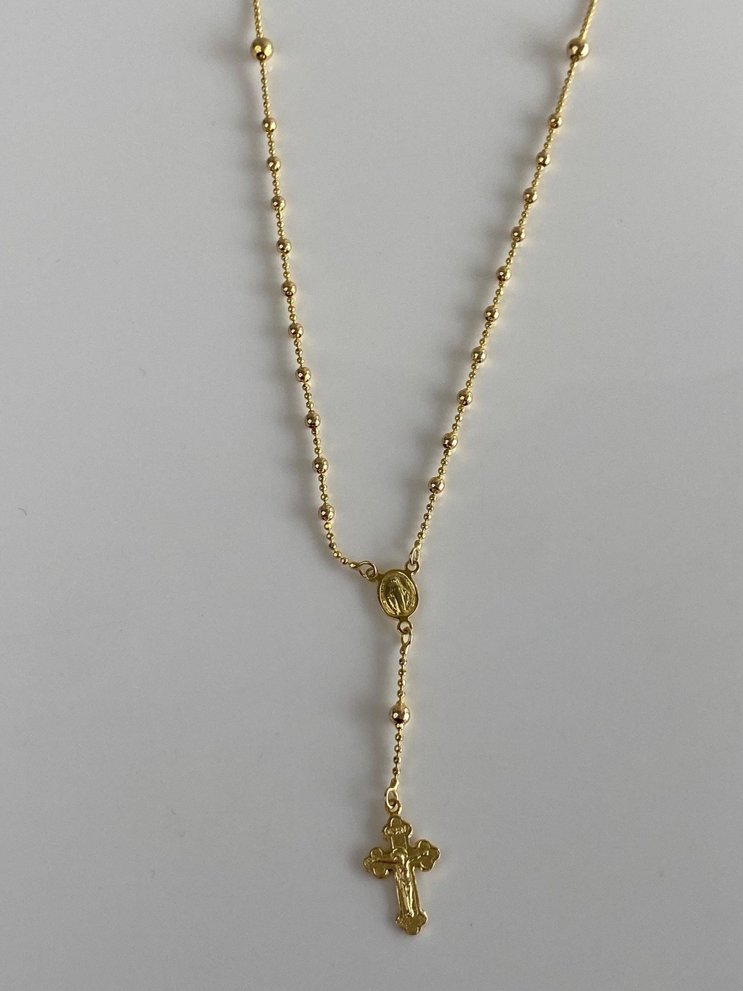 Vintage Solid 14k Yellow Gold Faceted Bead Rosary Cross Bead Chain Lariat Necklace - 18 inches