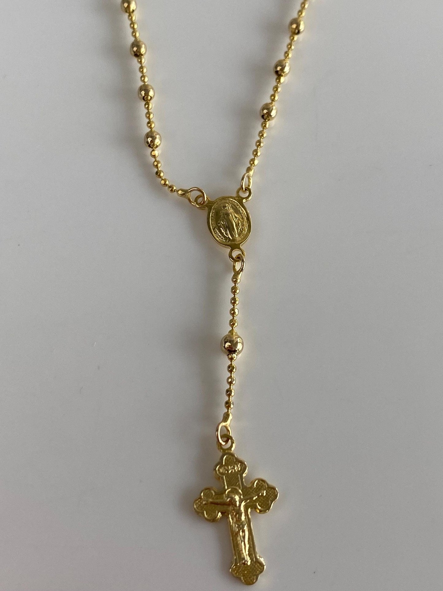 Vintage Solid 14k Yellow Gold Faceted Bead Rosary Cross Bead Chain Lariat Necklace - 18 inches