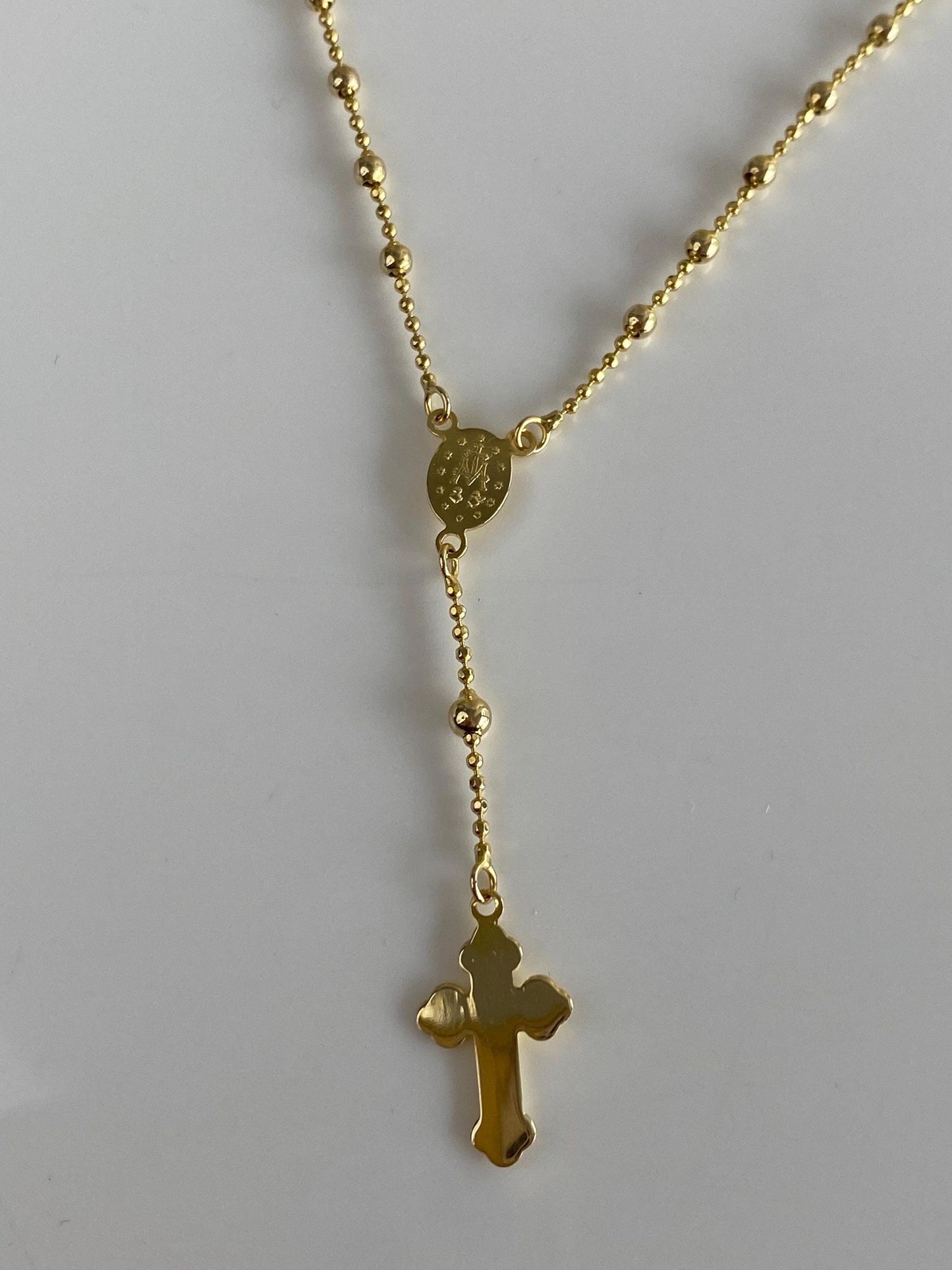 Vintage Solid 14k Yellow Gold Faceted Bead Rosary Cross Bead Chain Lariat Necklace - 18 inches