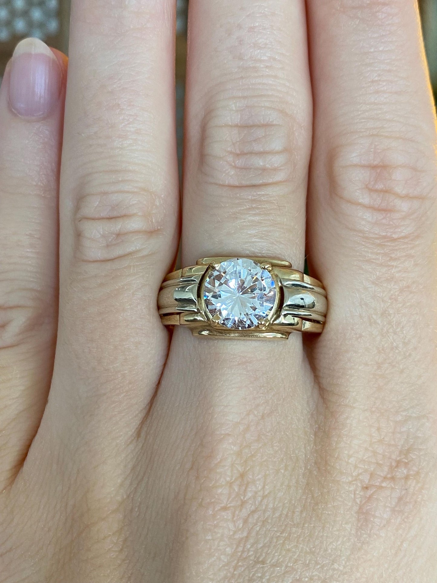Vintage Solid 14k White & Yellow Gold Clear Cubic Zirconia Ring Band - Size 9.5