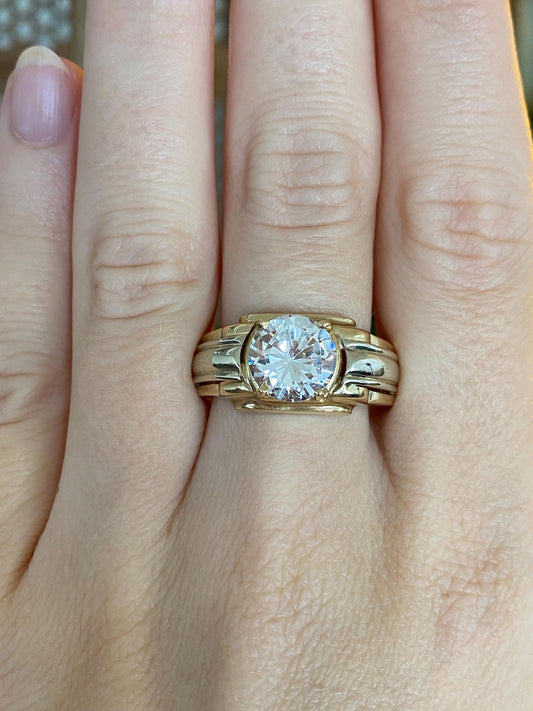 Vintage Solid 14k White & Yellow Gold Clear Cubic Zirconia Ring Band - Size 9.5