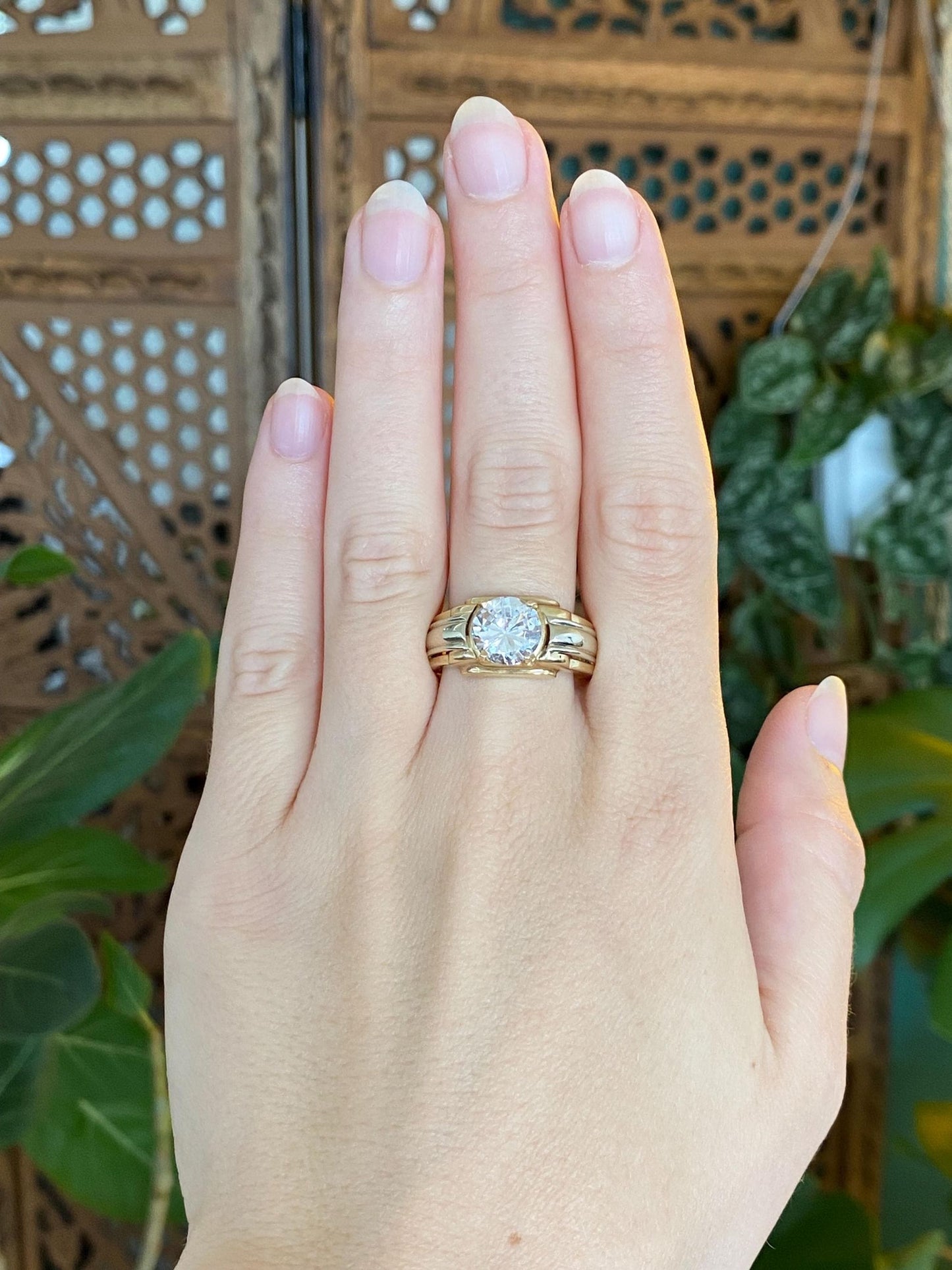 Vintage Solid 14k White & Yellow Gold Clear Cubic Zirconia Ring Band - Size 9.5