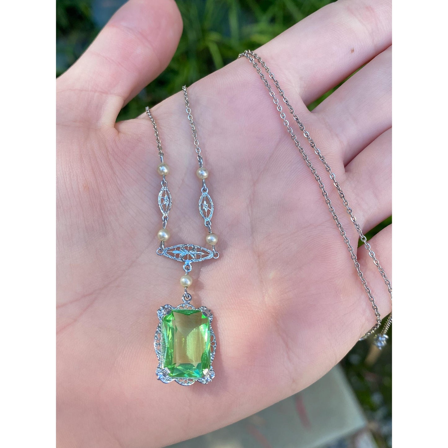 Solid 10k White Gold Green Cubic Zirconia Pearl Art Deco Necklace - 19.25 inches