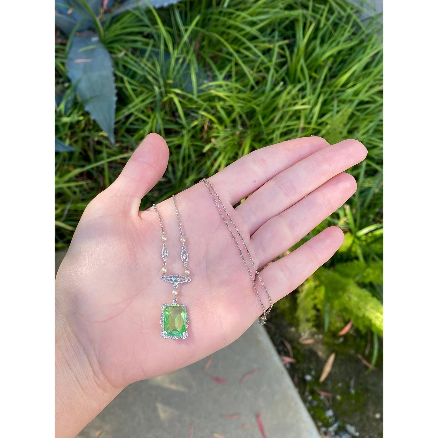 Solid 10k White Gold Green Cubic Zirconia Pearl Art Deco Necklace - 19.25 inches