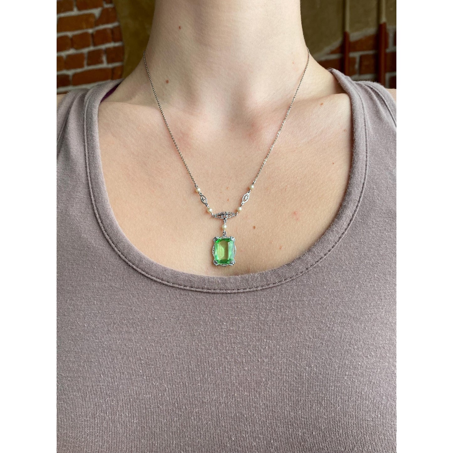 Solid 10k White Gold Green Cubic Zirconia Pearl Art Deco Necklace - 19.25 inches