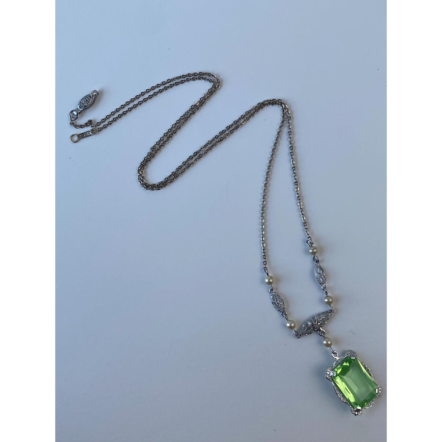 Solid 10k White Gold Green Cubic Zirconia Pearl Art Deco Necklace - 19.25 inches