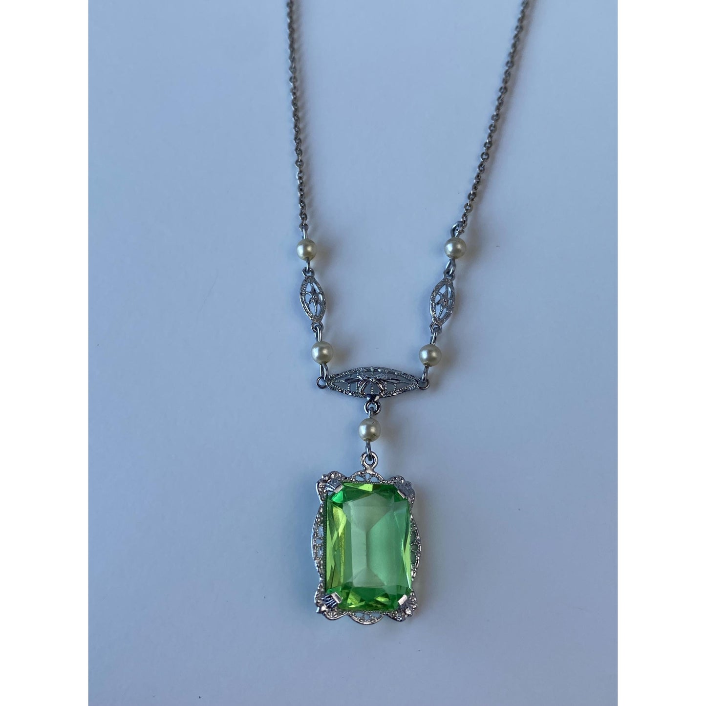 Solid 10k White Gold Green Cubic Zirconia Pearl Art Deco Necklace - 19.25 inches