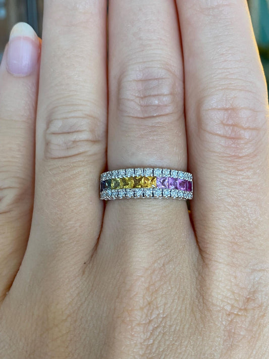 Vintage Solid 14k White Gold Diamonds Colored Sapphire & Topaz Ring Band - Size 6