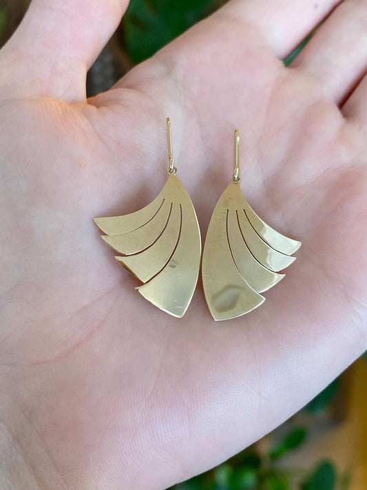 Solid 14k Yellow Gold Fan Dangle Earrings