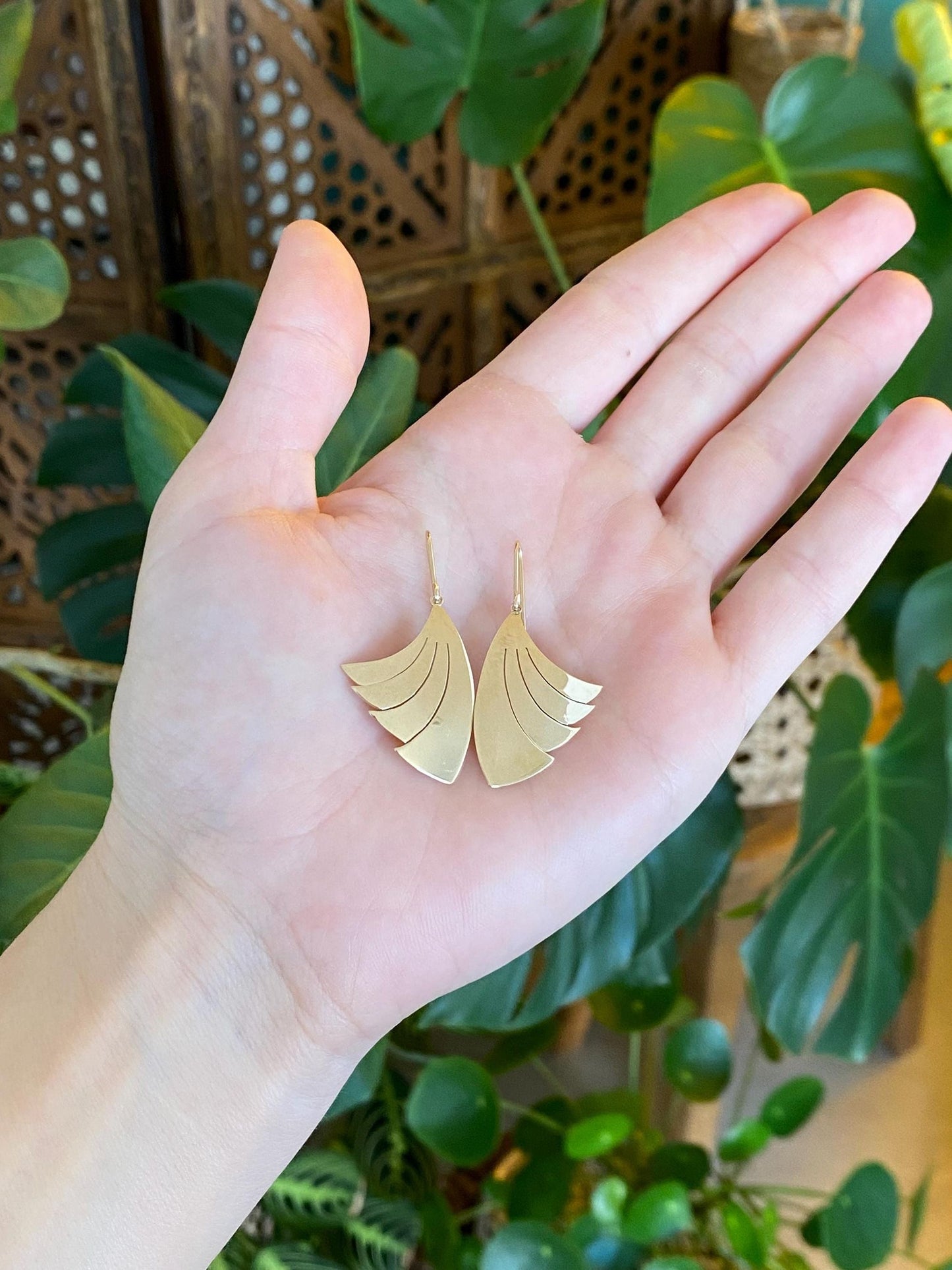 Solid 14k Yellow Gold Fan Dangle Earrings