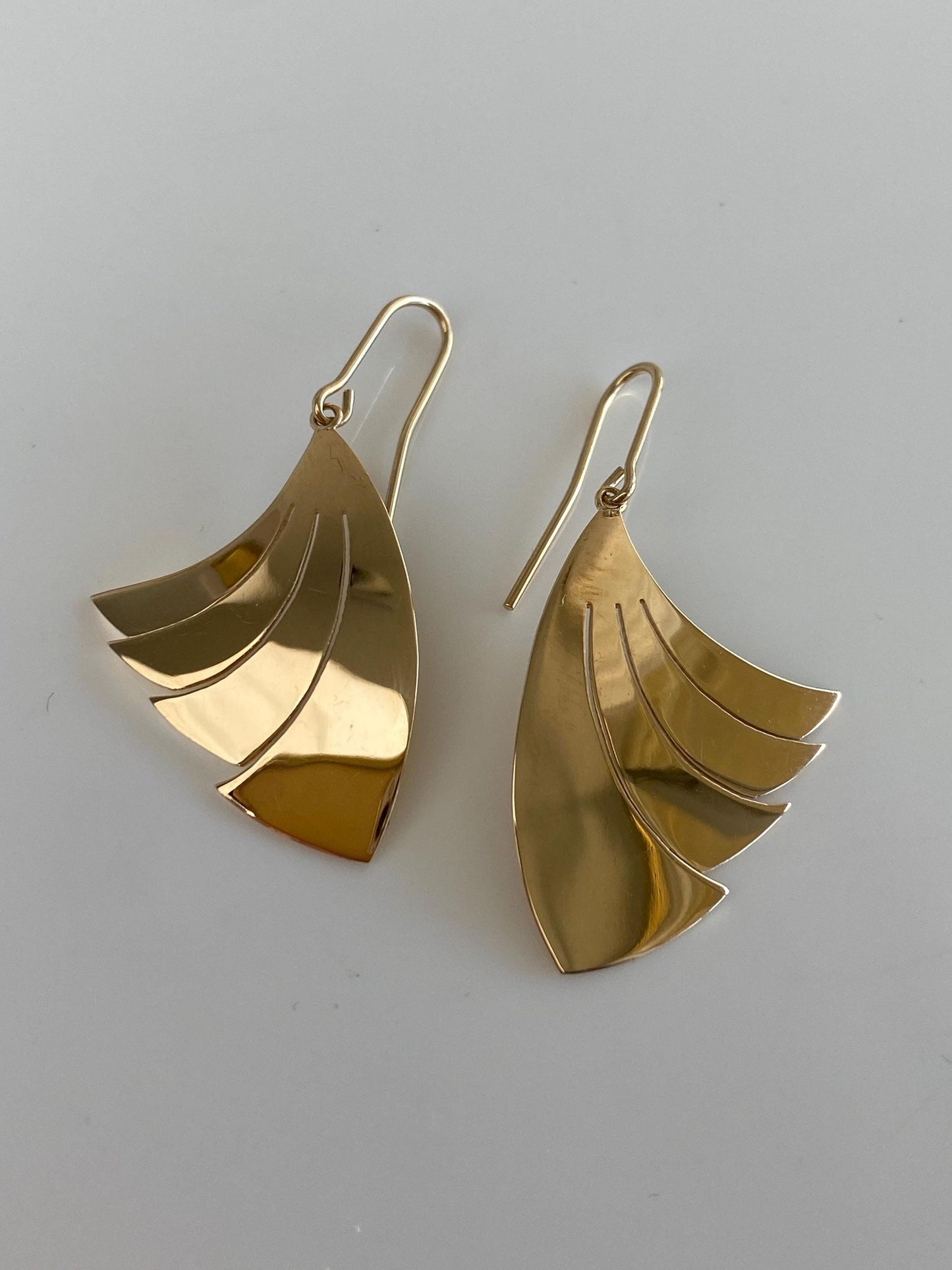 Solid 14k Yellow Gold Fan Dangle Earrings
