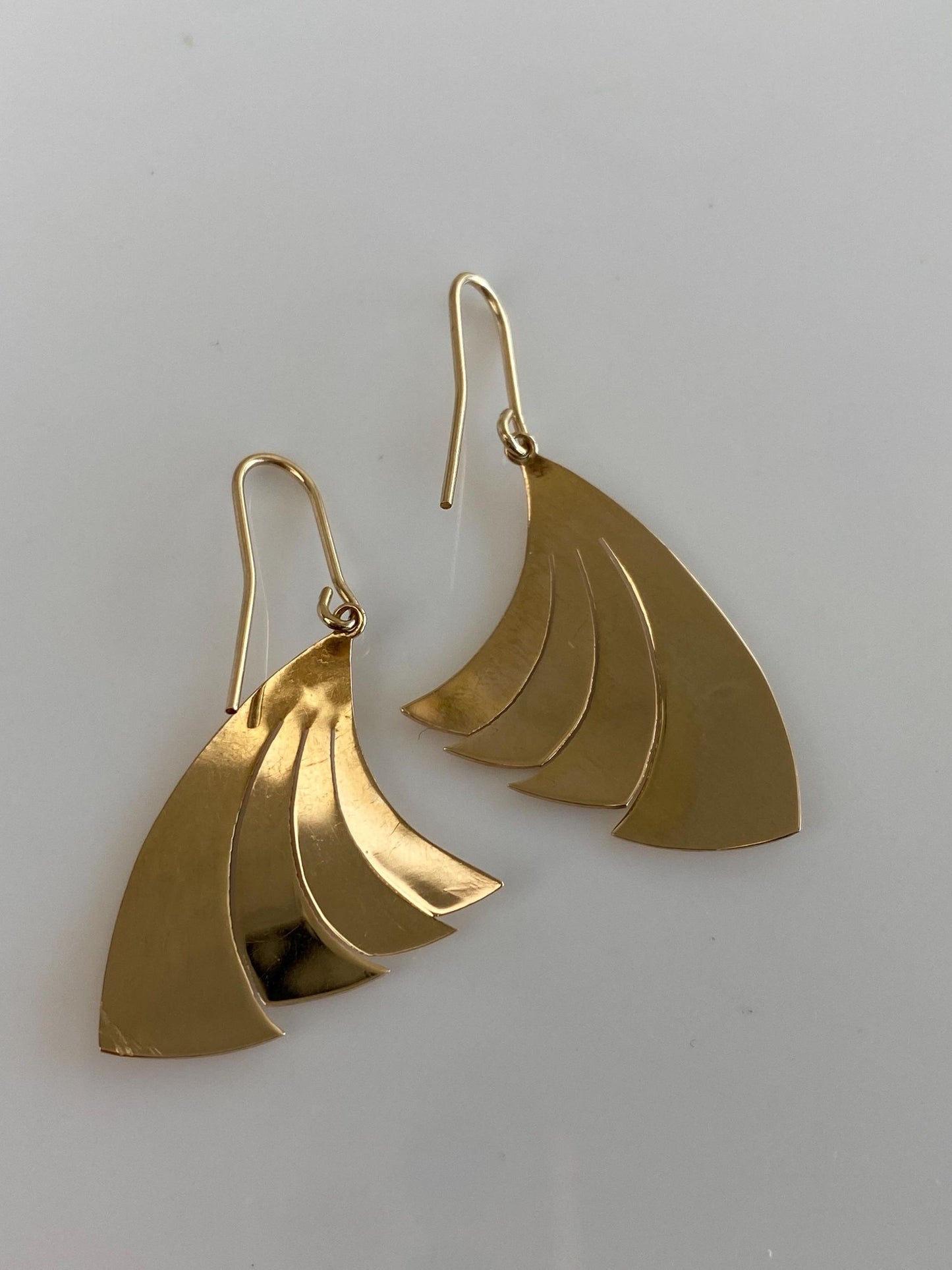 Solid 14k Yellow Gold Fan Dangle Earrings