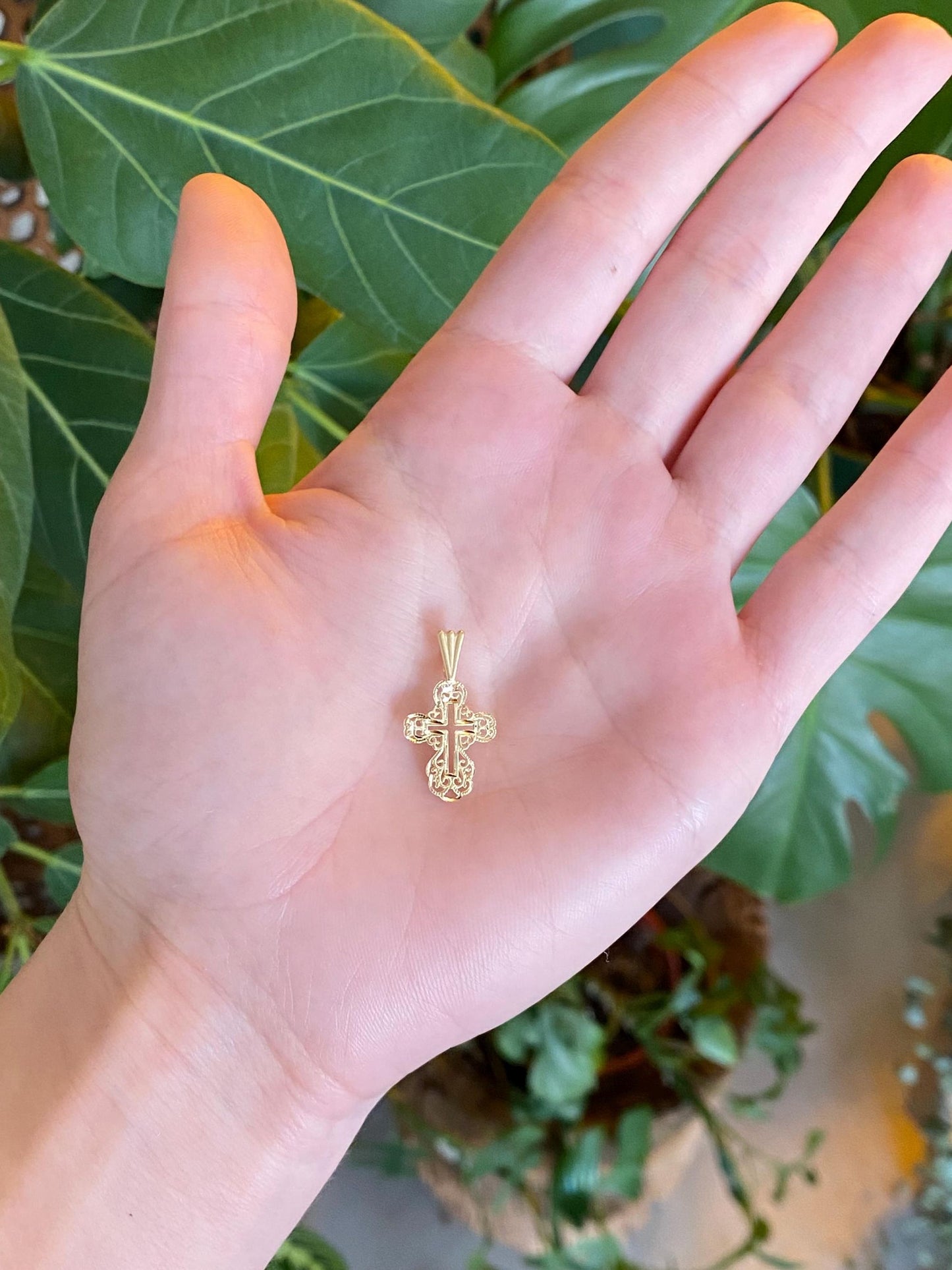 Vintage Solid 14k Yellow Gold Diamond Cut Cross Charm